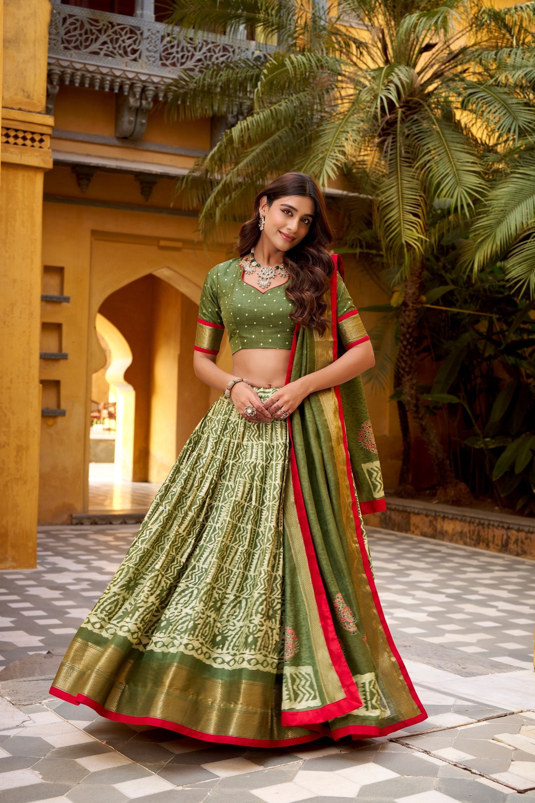 Mehendi Dola Silk Batik Print Lehenga Choli Set with Zari Weaving & Matching Dupatta – Fully Stitched Designer Ethnic Wear