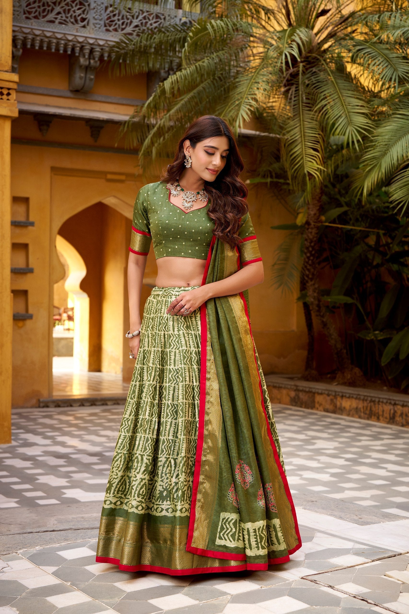Mehendi Dola Silk Batik Print Lehenga Choli Set with Zari Weaving & Matching Dupatta – Fully Stitched Designer Ethnic Wear