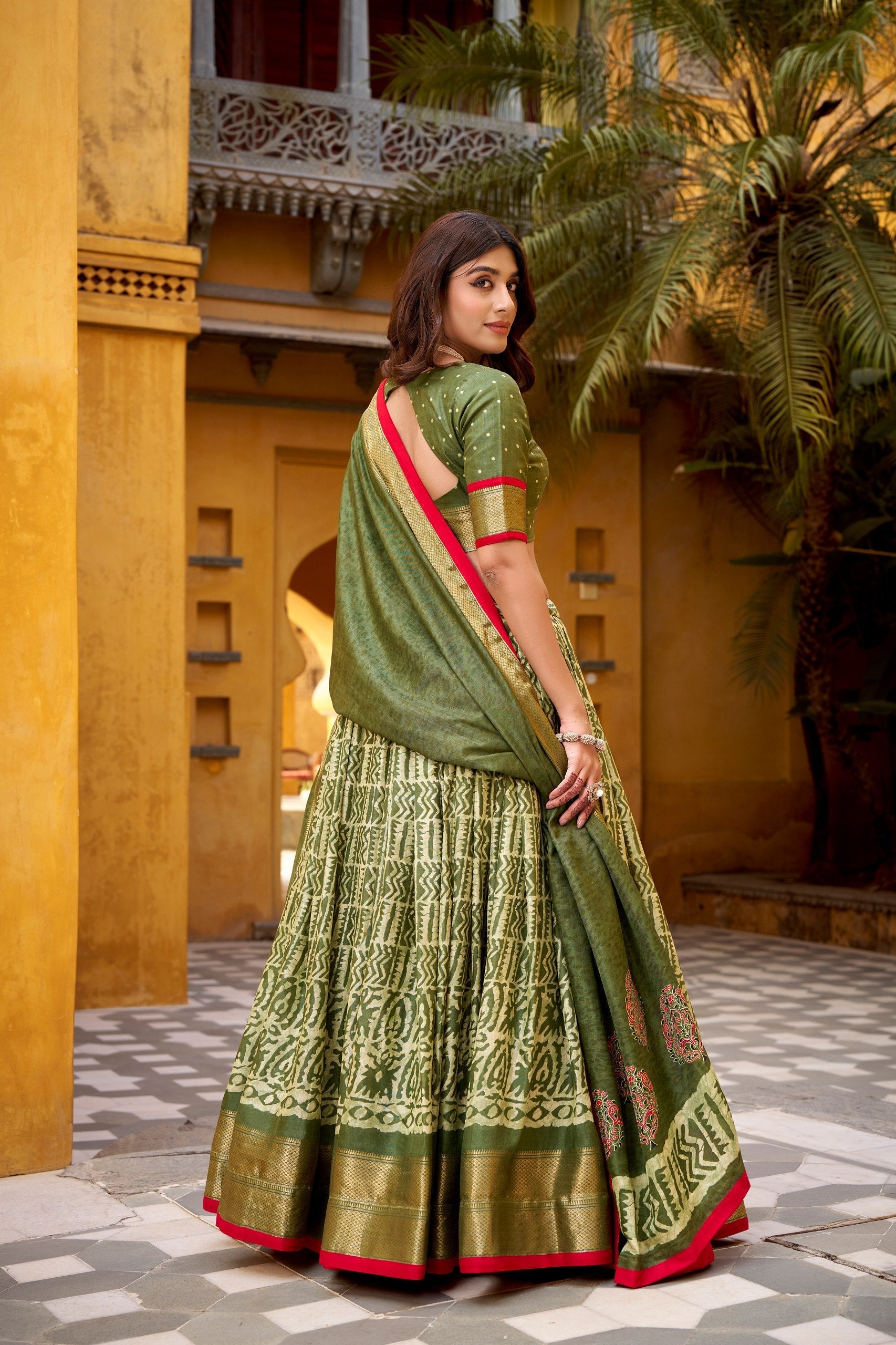 Mehendi Dola Silk Batik Print Lehenga Choli Set with Zari Weaving & Matching Dupatta – Fully Stitched Designer Ethnic Wear