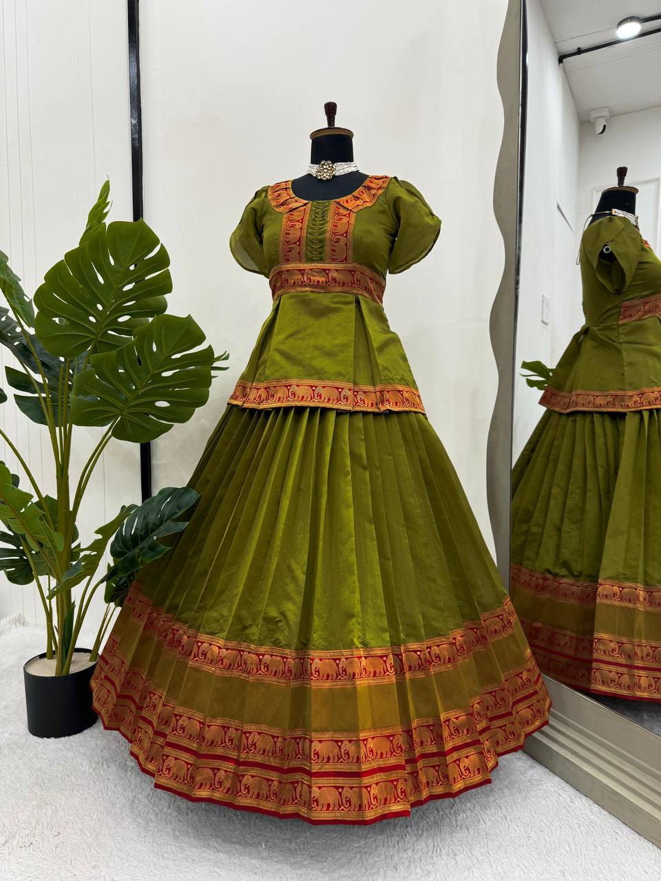 Mehendi Elegant Jacquard Silk Lehenga Set