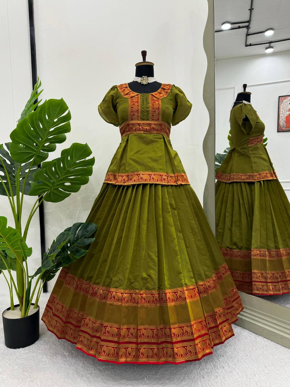 Mehendi Elegant Jacquard Silk Lehenga Set