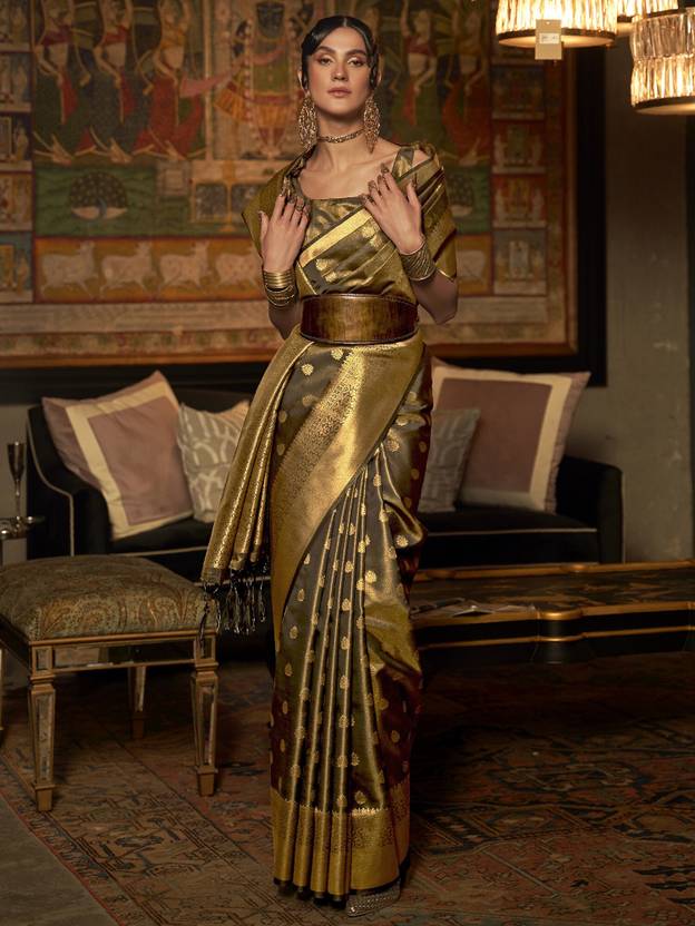Mehendi Elegant Kanjivaram Kanchipuram Silk Saree Traditional Grace