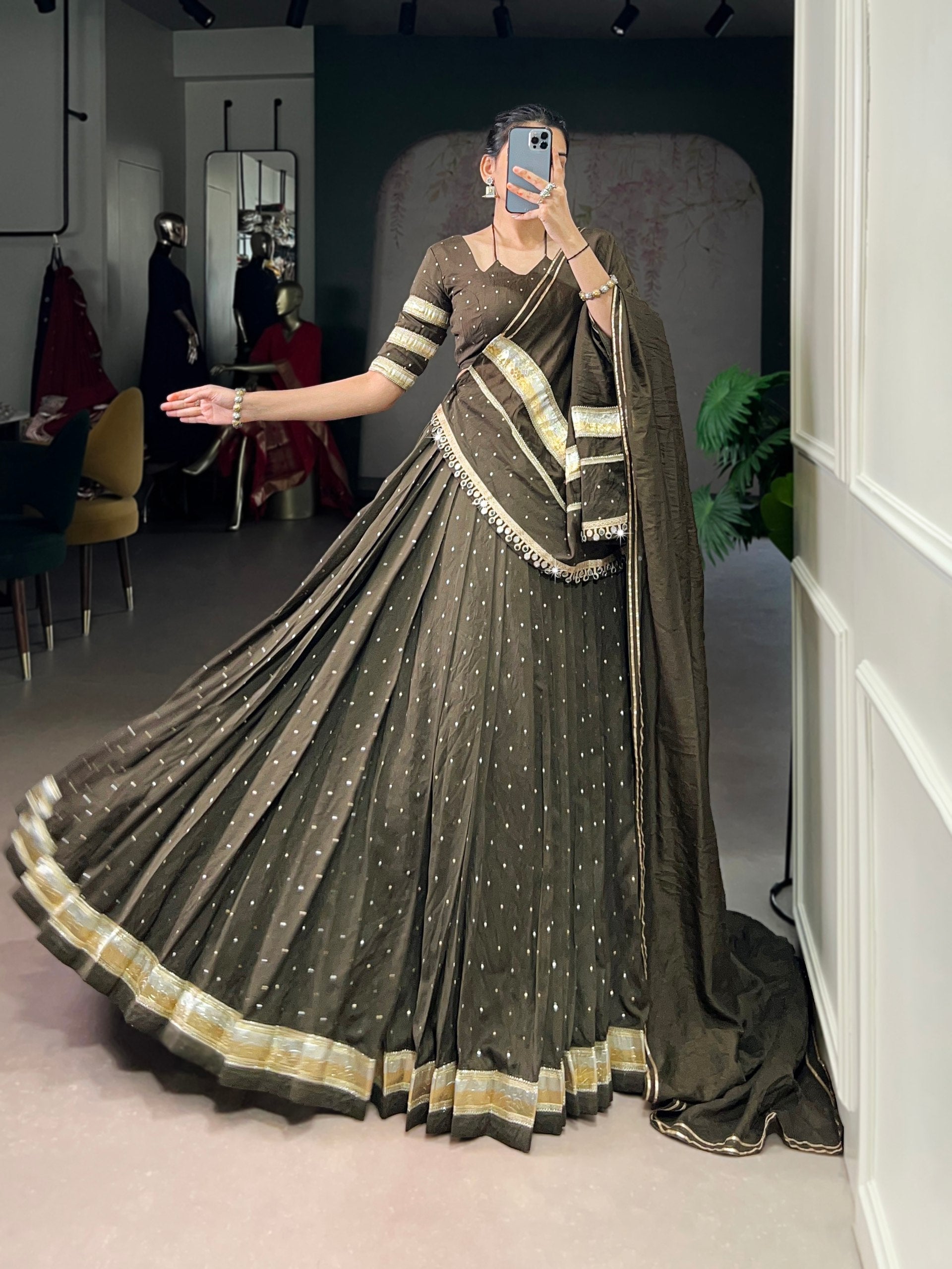 Mehendi Elegant Pure Chanderi Zari Weaving Lehenga Set with Embossed Design & Lace Touch-Up – 6-Meter Flair Stitched Lehenga, Blouse & Dupatta