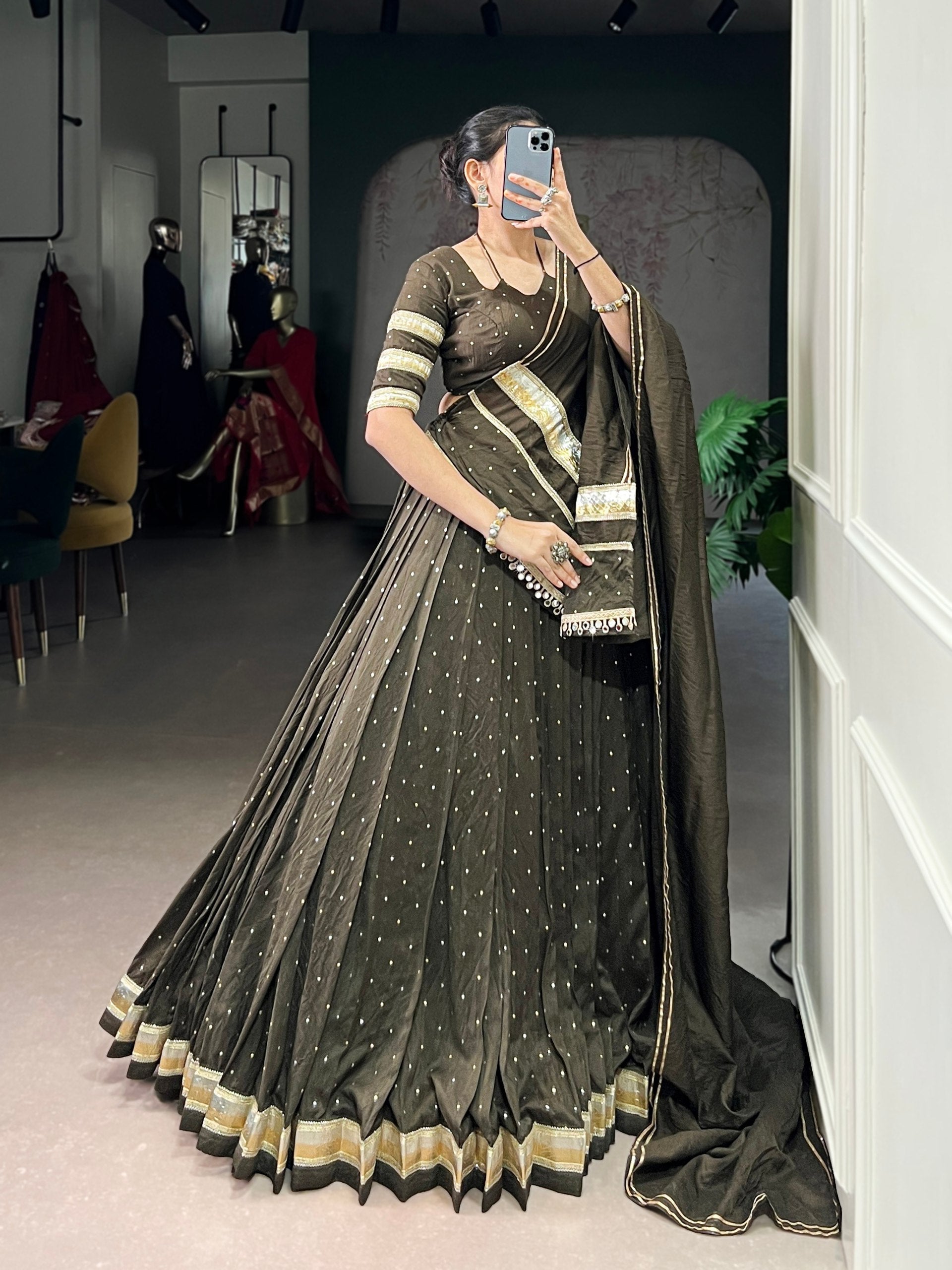 Mehendi Elegant Pure Chanderi Zari Weaving Lehenga Set with Embossed Design & Lace Touch-Up – 6-Meter Flair Stitched Lehenga, Blouse & Dupatta