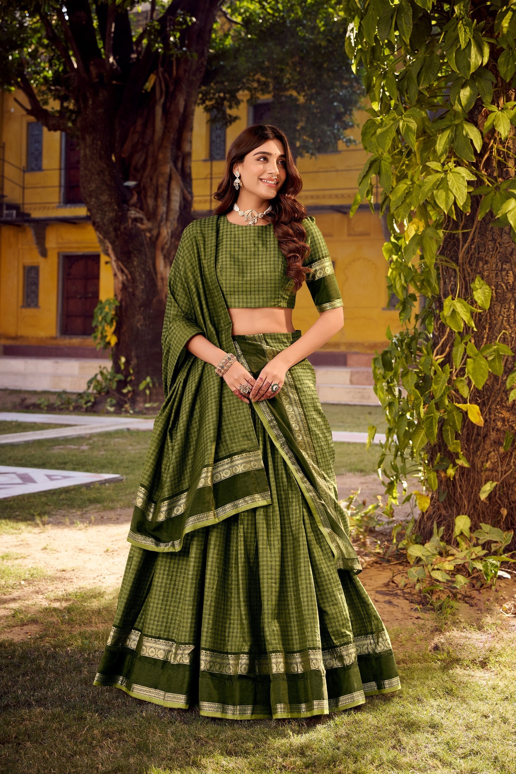 Mehendi Elegant Stitched Chettinad Cotton Lehenga with Checks & Zari Weaving – Traditional Festive Wear Set