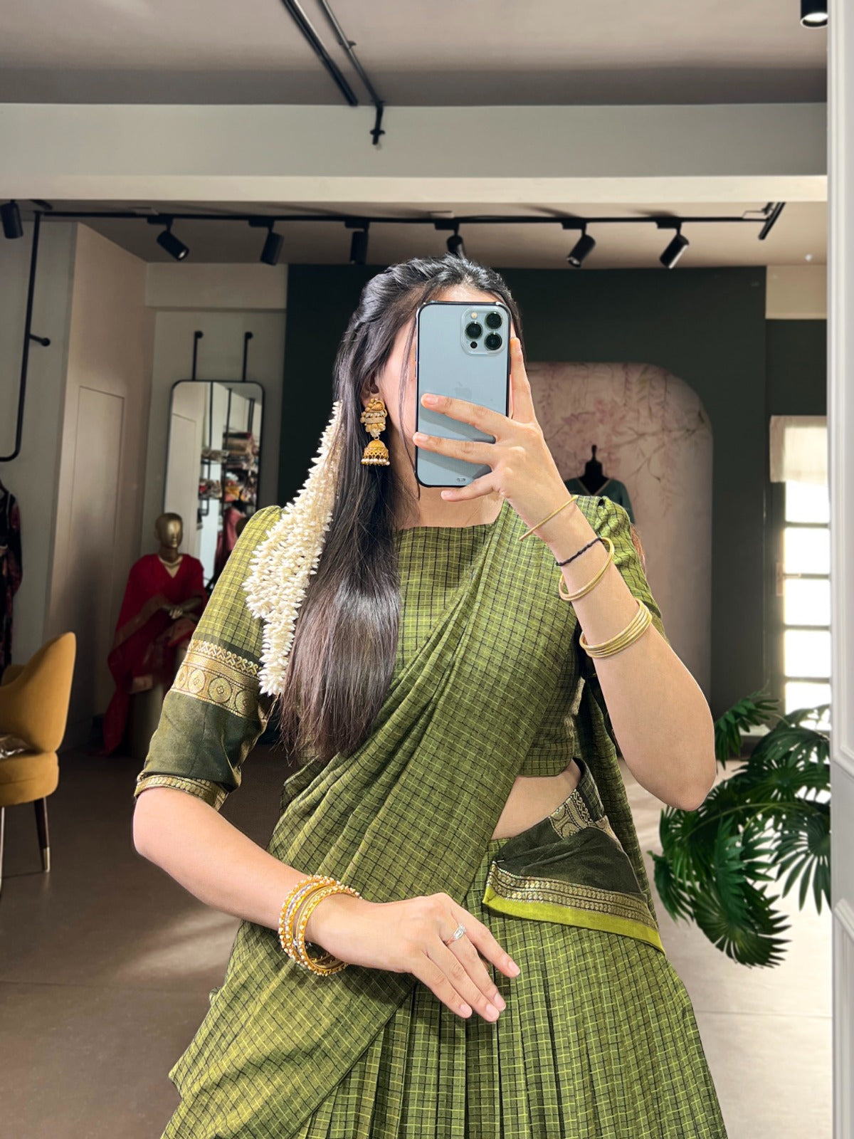 Mehendi Elegant Stitched Chettinad Cotton Lehenga with Checks & Zari Weaving – Traditional Festive Wear Set