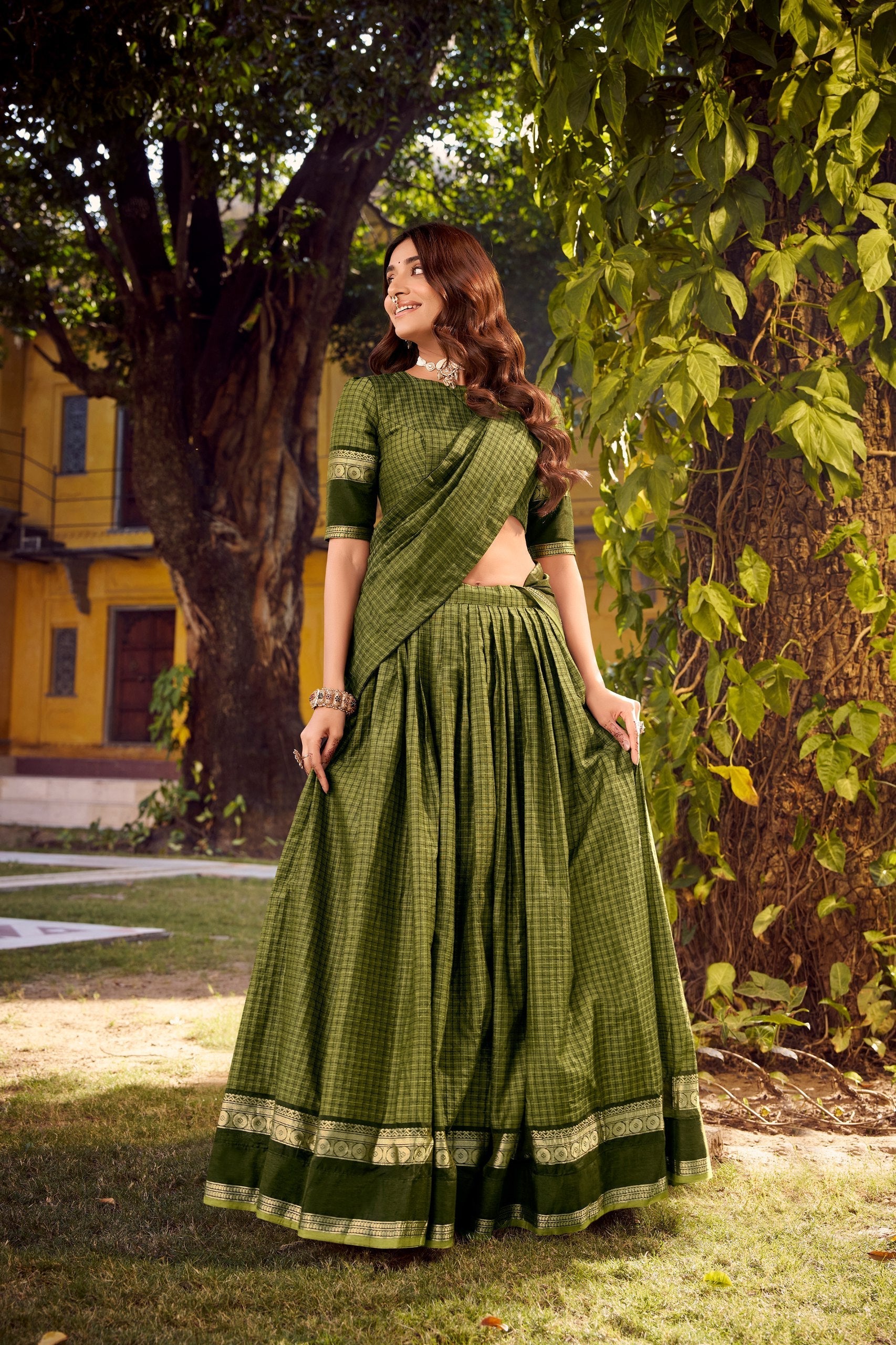 Mehendi Elegant Stitched Chettinad Cotton Lehenga with Checks & Zari Weaving – Traditional Festive Wear Set