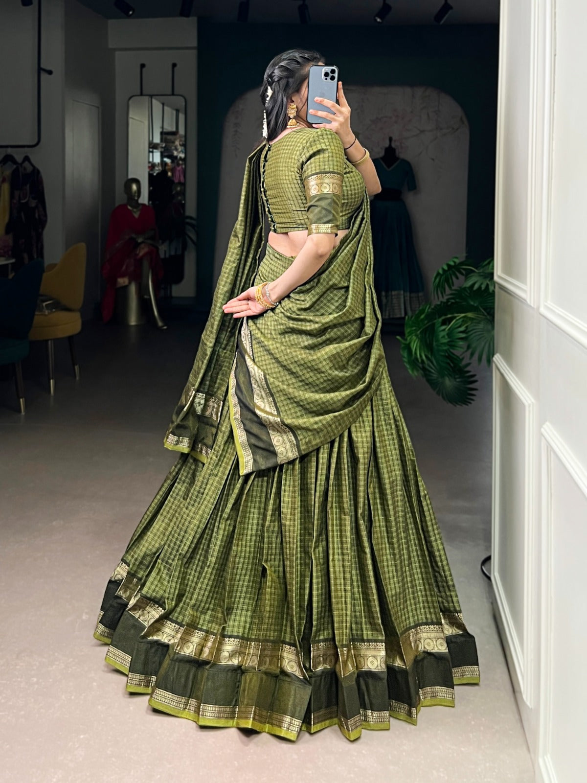 Mehendi Elegant Stitched Chettinad Cotton Lehenga with Checks & Zari Weaving – Traditional Festive Wear Set