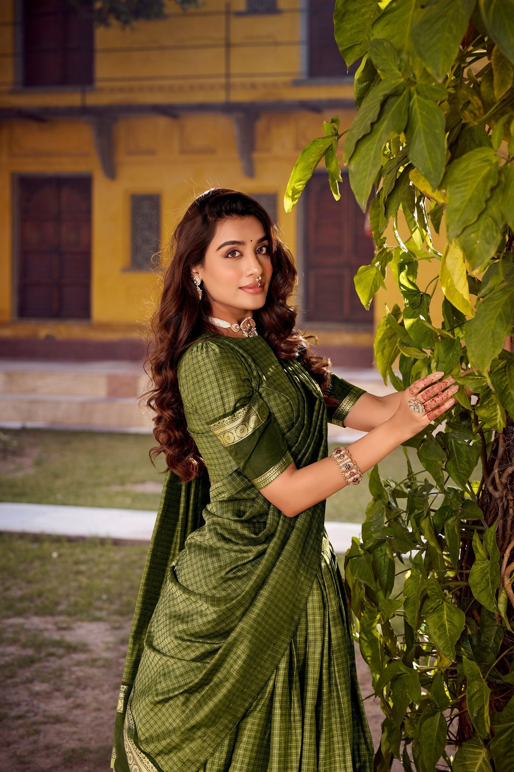Mehendi Elegant Stitched Chettinad Cotton Lehenga with Checks & Zari Weaving – Traditional Festive Wear Set