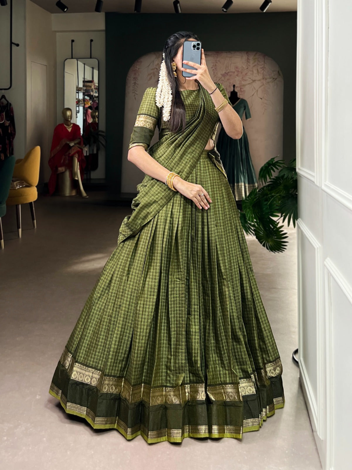 Mehendi Elegant Stitched Chettinad Cotton Lehenga with Checks & Zari Weaving – Traditional Festive Wear Set