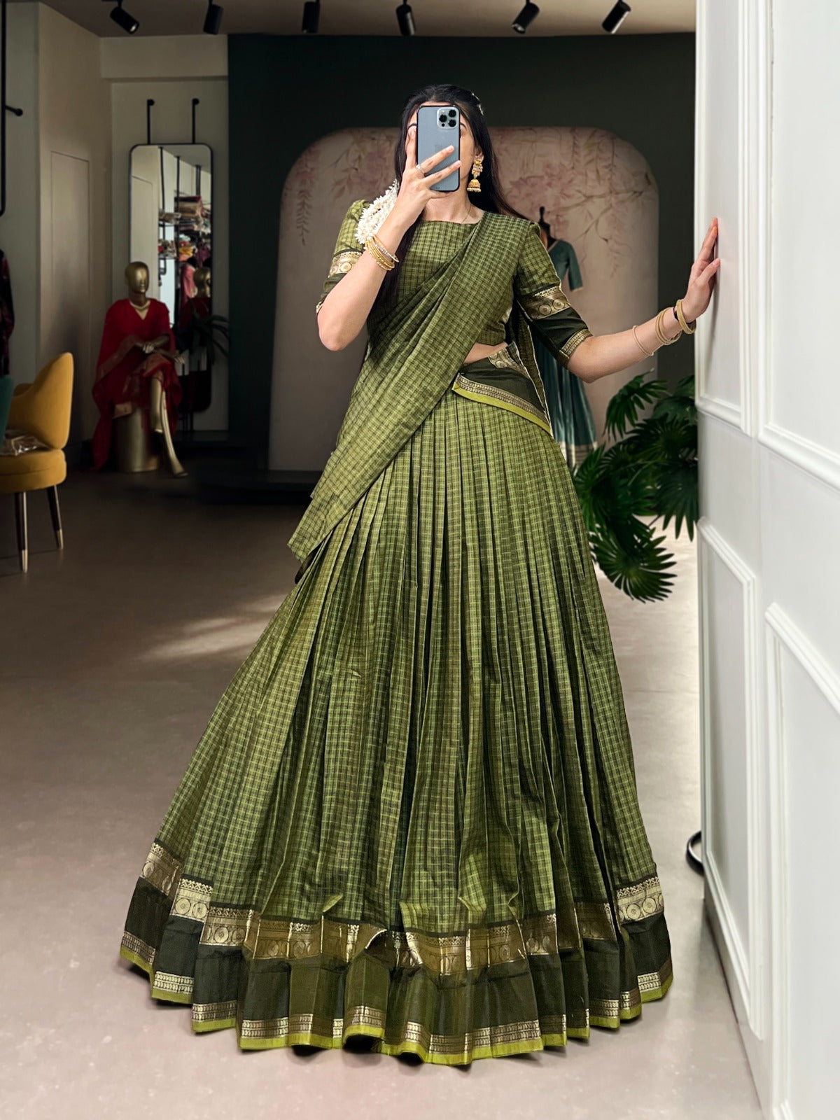 Mehendi Elegant Stitched Chettinad Cotton Lehenga with Checks & Zari Weaving – Traditional Festive Wear Set