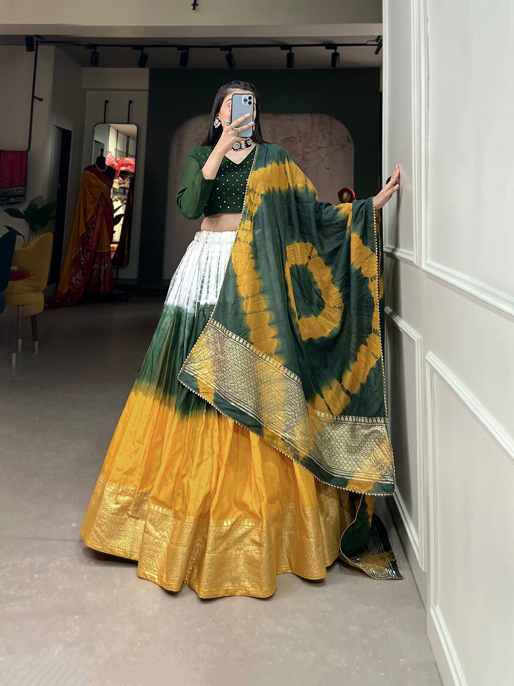 Mehendi Green Handcrafted Shibori Print Lehenga Choli with Zari Border