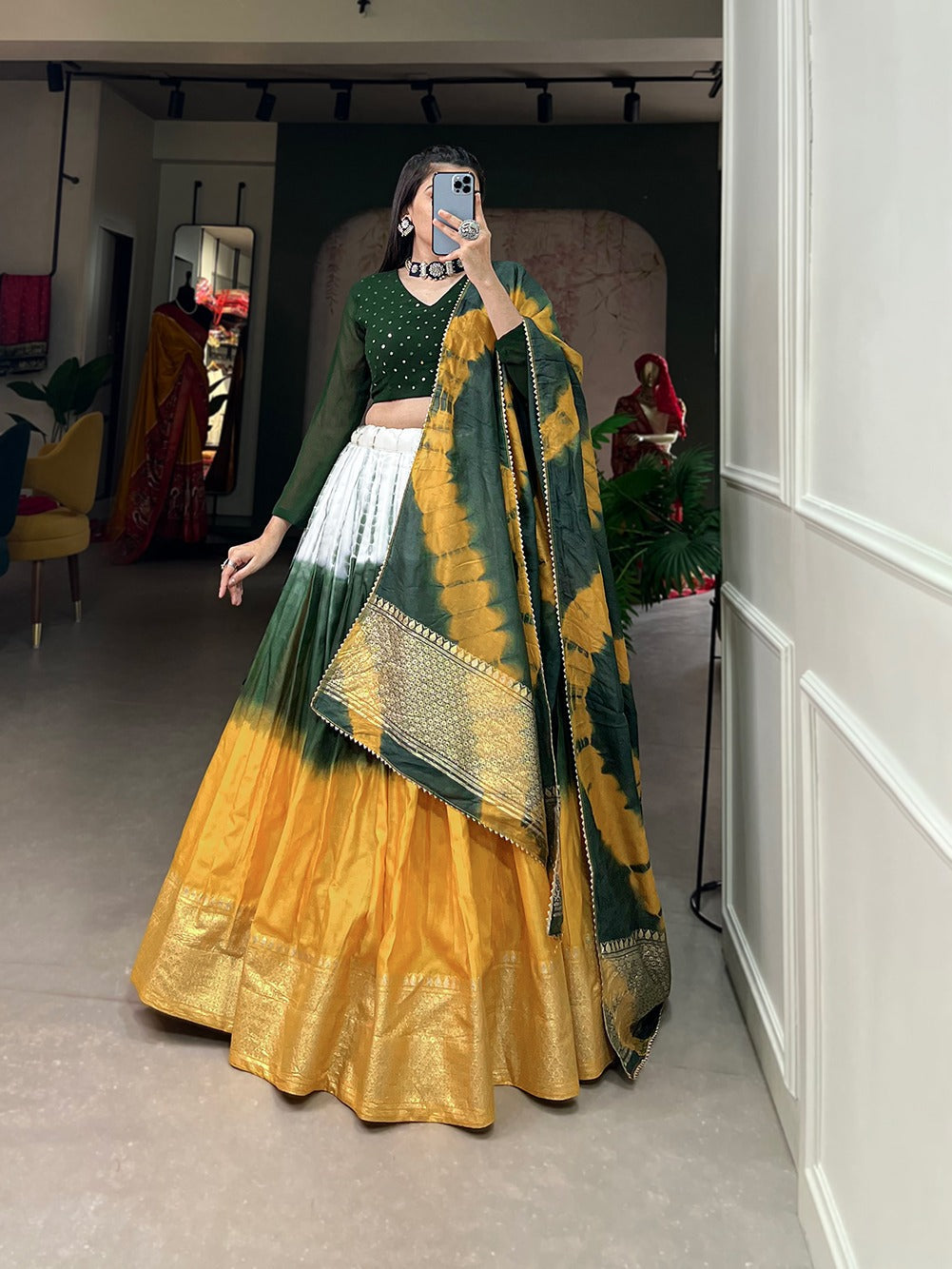 Mehendi Green Handcrafted Shibori Print Lehenga Choli with Zari Border