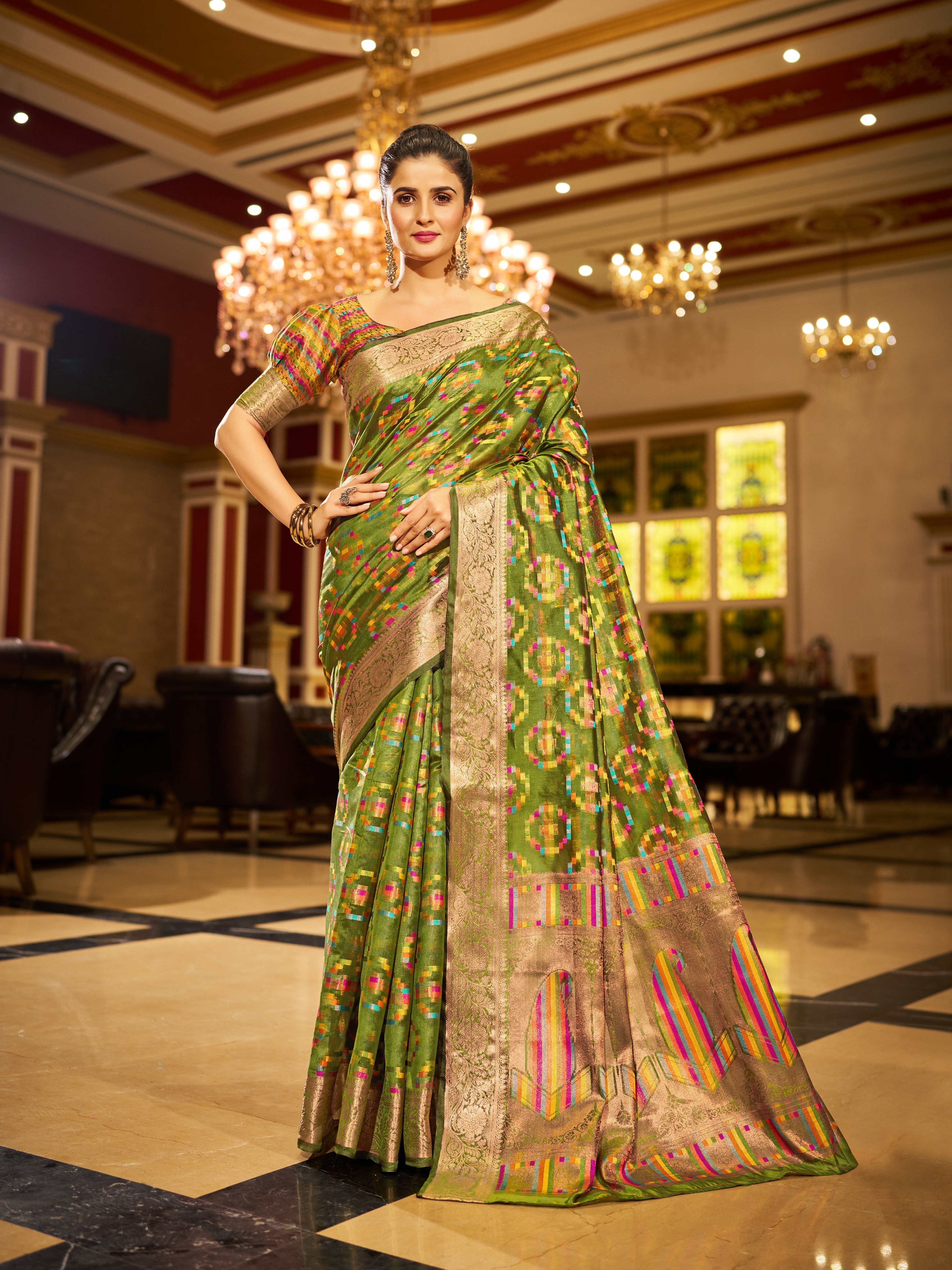 Mehendi Green Regal Kanjeevaram Organza Saree with Zari Woven Border