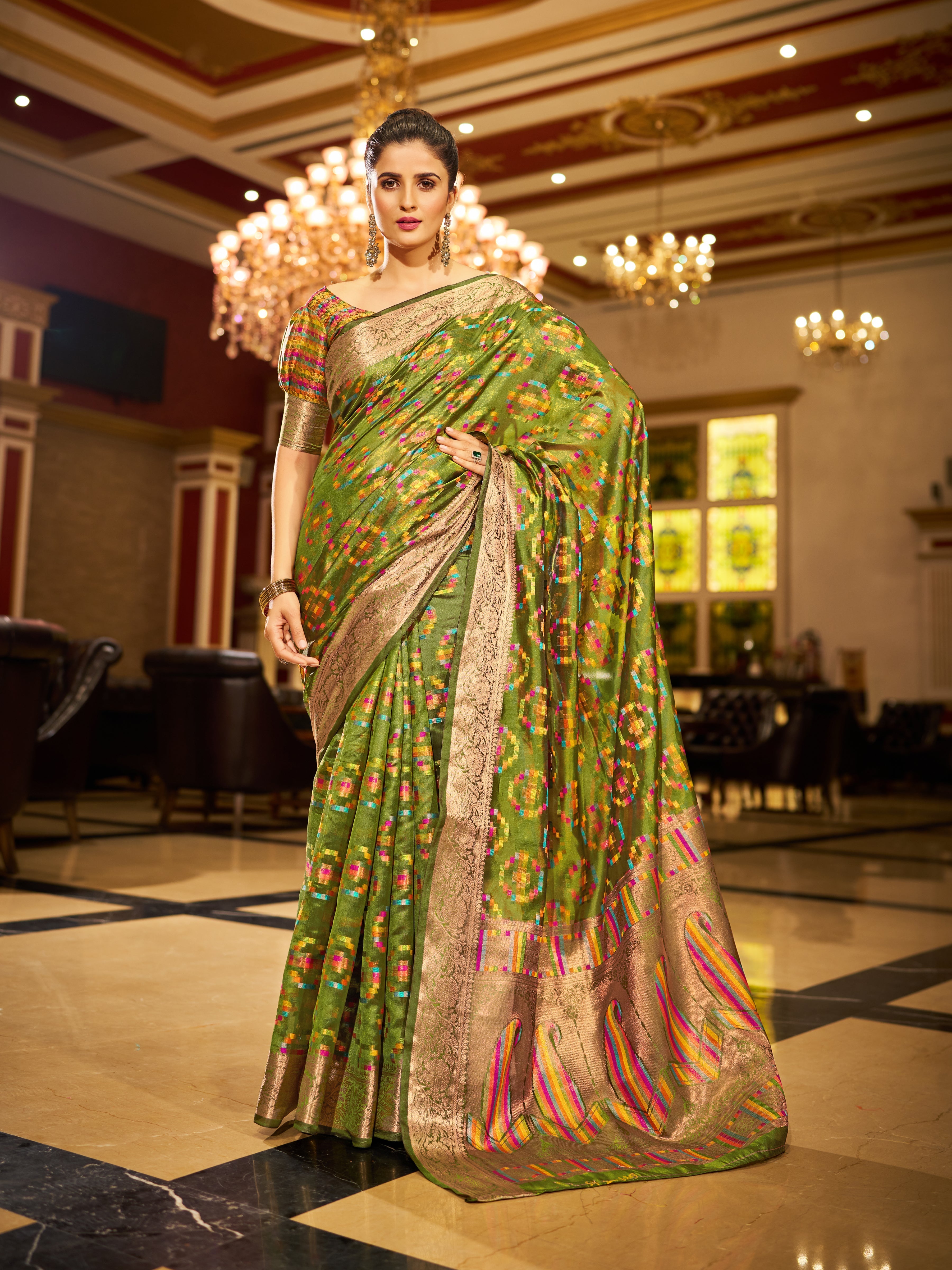 Mehendi Green Regal Kanjeevaram Organza Saree with Zari Woven Border