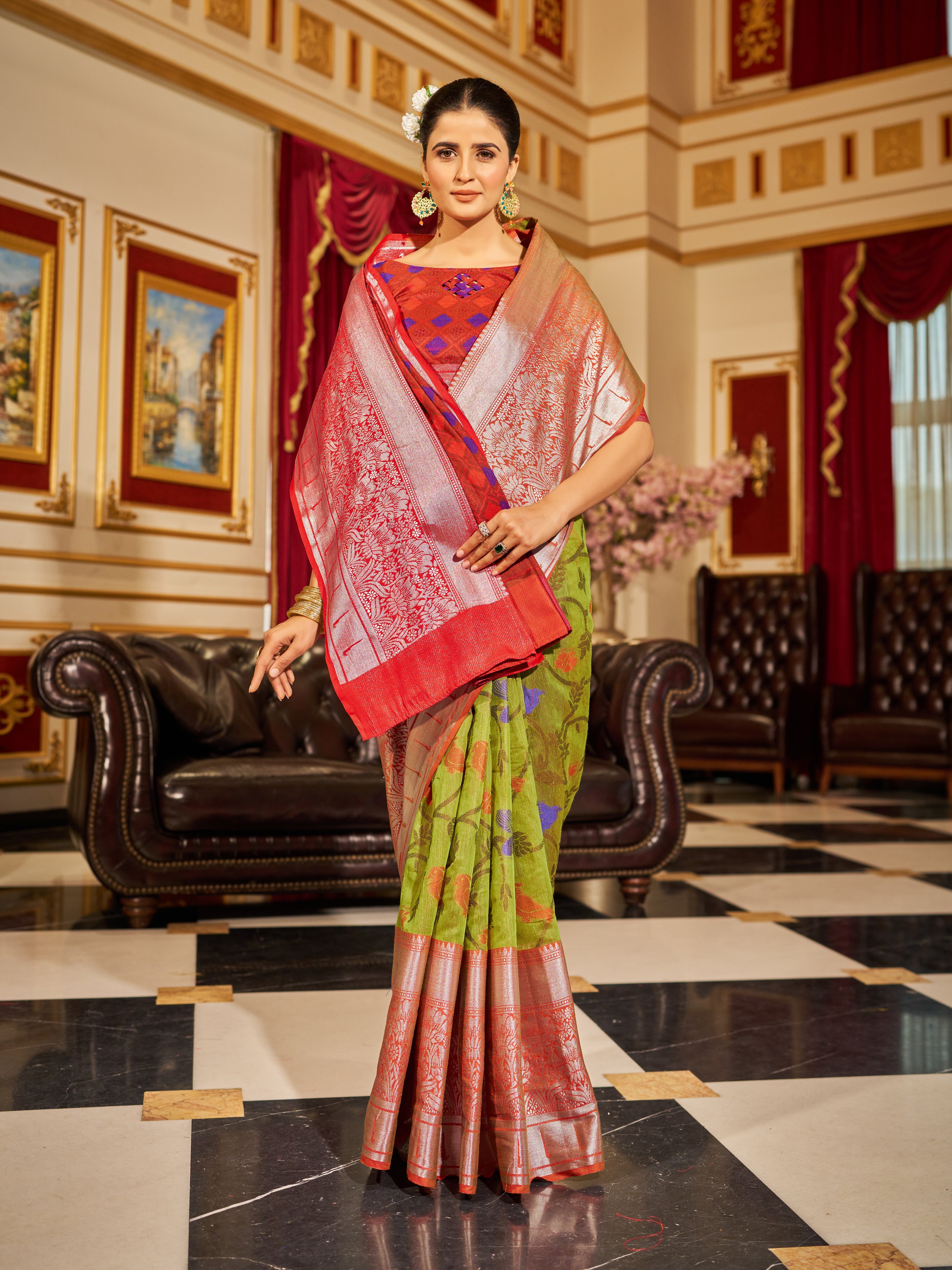 Mesmerizing Mehendi Green Woven Design Soft Cotton Saree