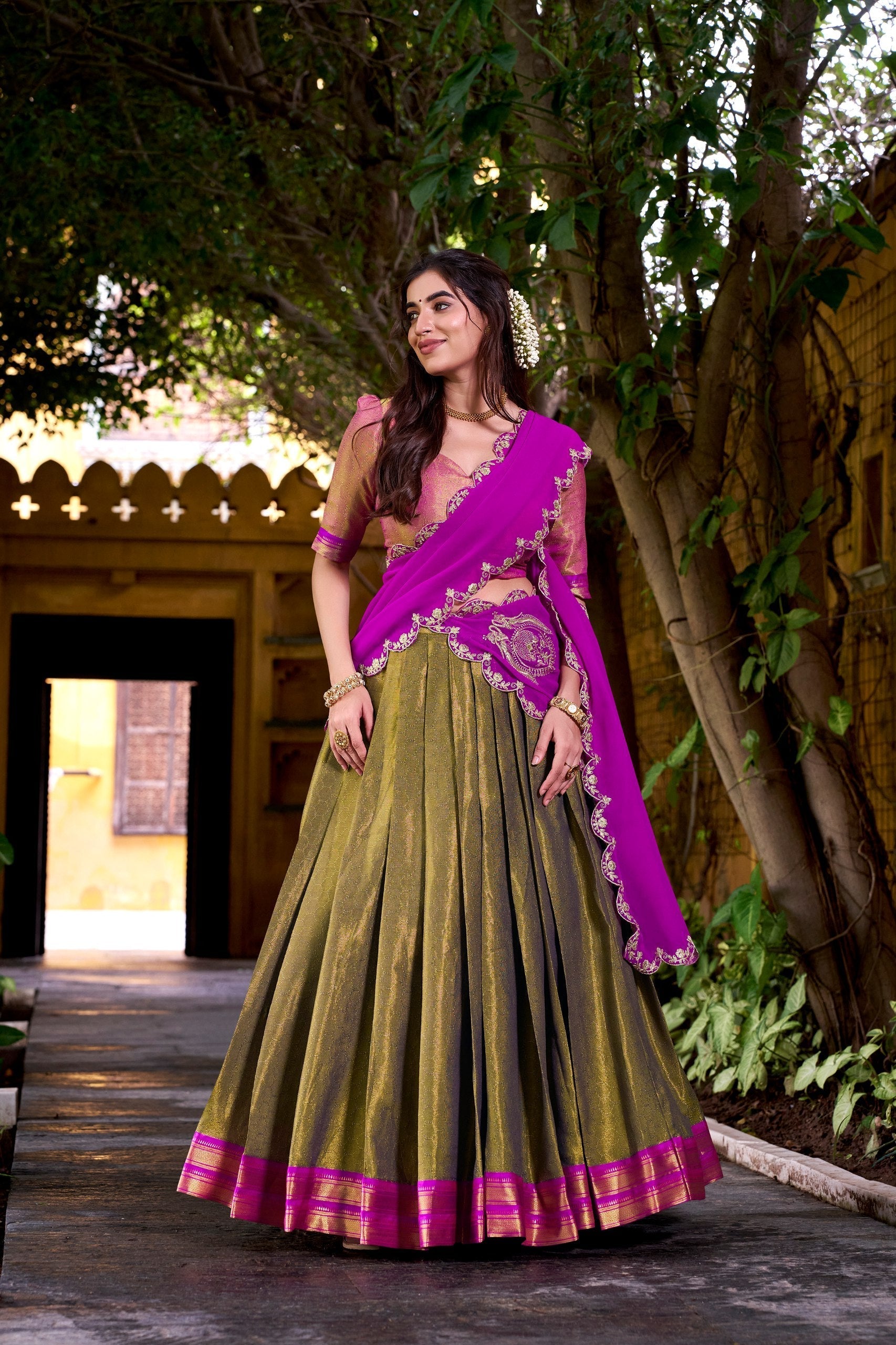 Mehendi Kanchipuram Zari Weaving Lehenga with Pink Embroidered Georgette Dupatta