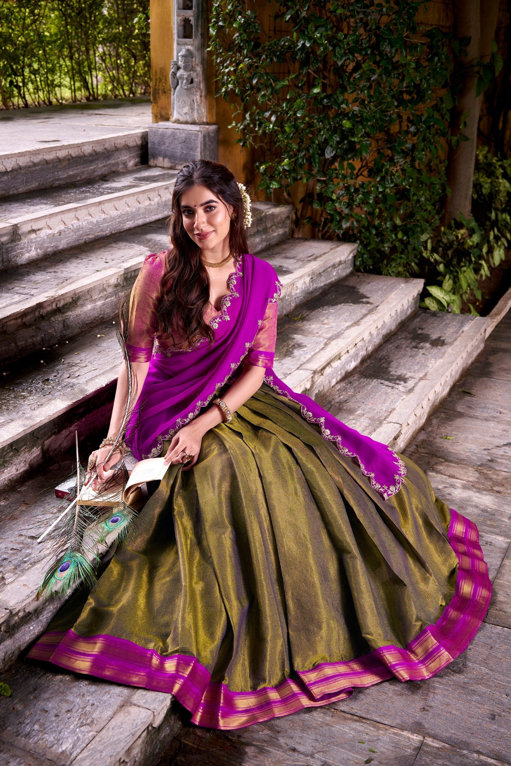 Mehendi Kanchipuram Zari Weaving Lehenga with Pink Embroidered Georgette Dupatta