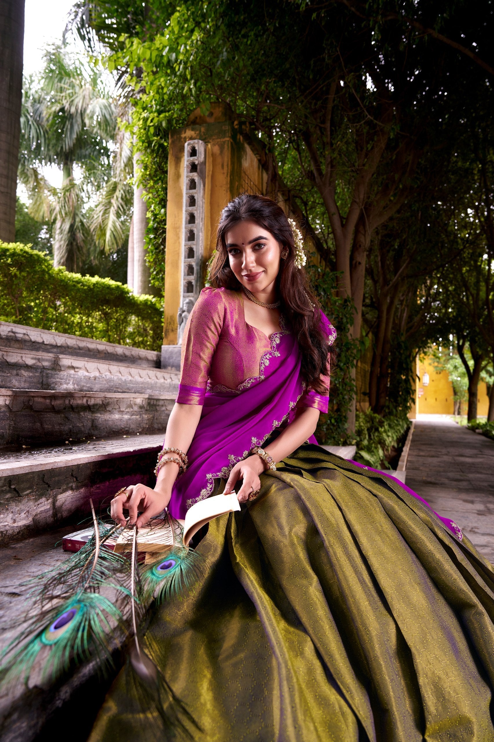 Mehendi Kanchipuram Zari Weaving Lehenga with Pink Embroidered Georgette Dupatta