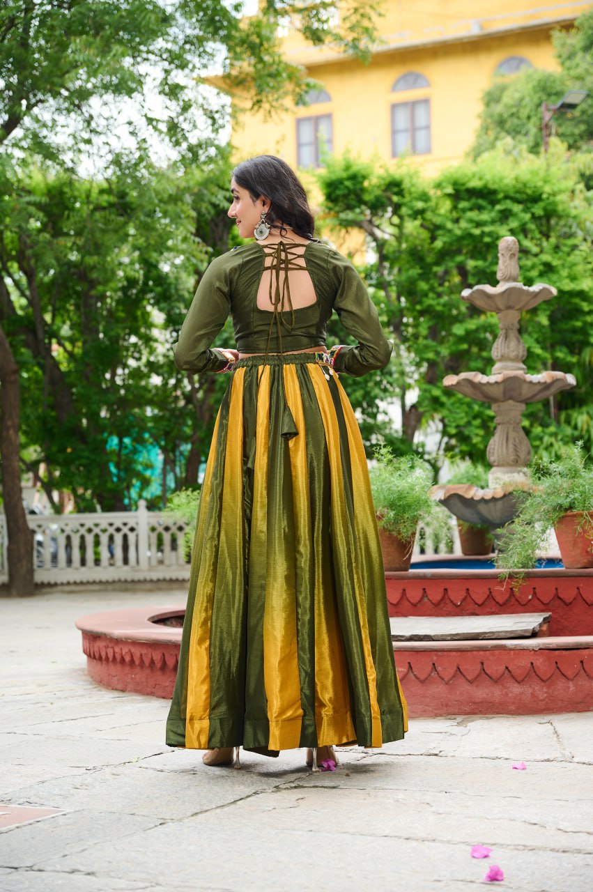 Mehendi Navratri Special Chinnon Pedding Lehenga Choli with Kutchi Gamthi Embroidery