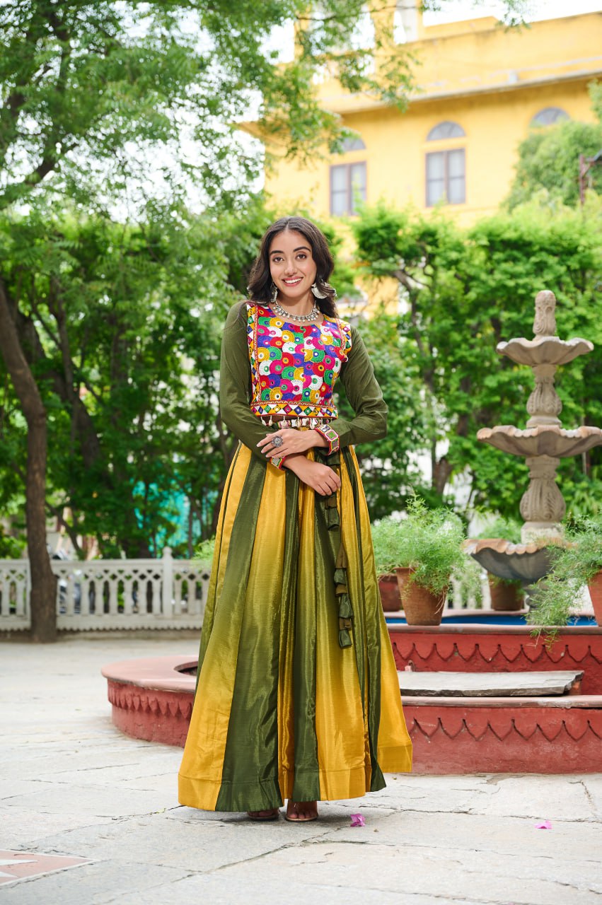 Mehendi Navratri Special Chinnon Pedding Lehenga Choli with Kutchi Gamthi Embroidery