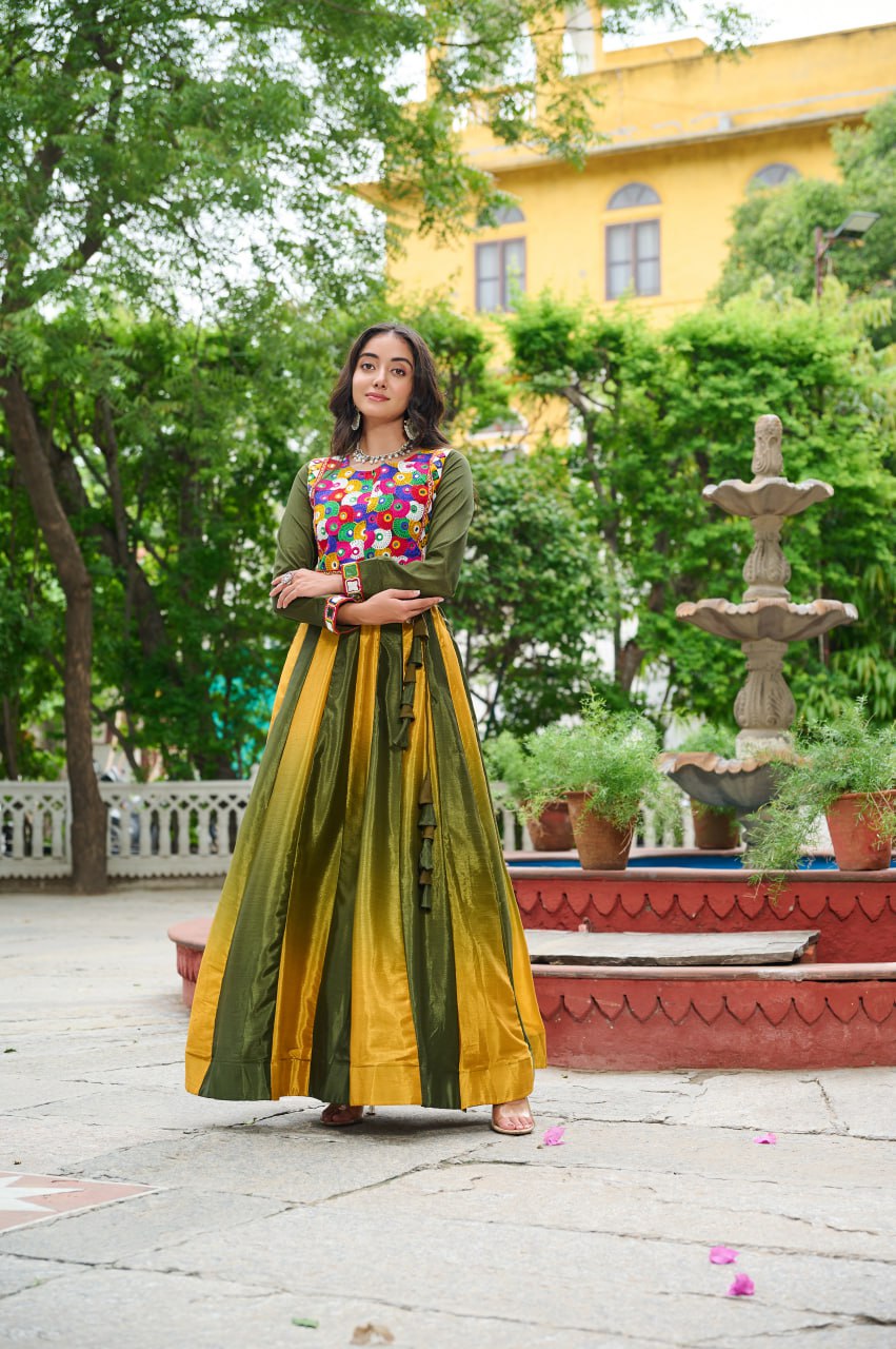 Mehendi Navratri Special Chinnon Pedding Lehenga Choli with Kutchi Gamthi Embroidery