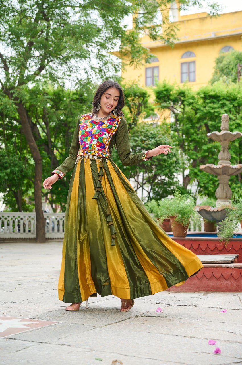 Mehendi Navratri Special Chinnon Pedding Lehenga Choli with Kutchi Gamthi Embroidery