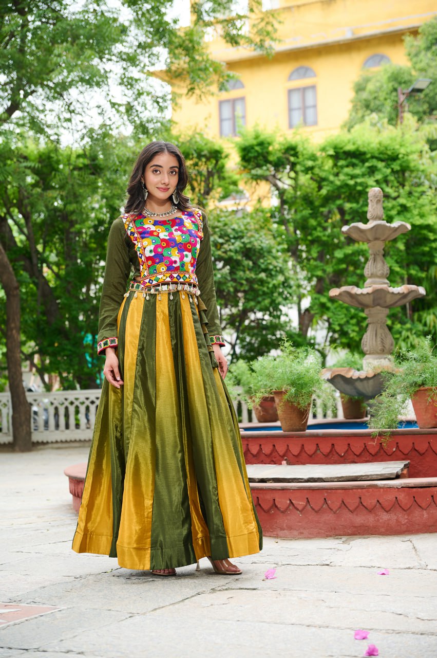 Mehendi Navratri Special Chinnon Pedding Lehenga Choli with Kutchi Gamthi Embroidery