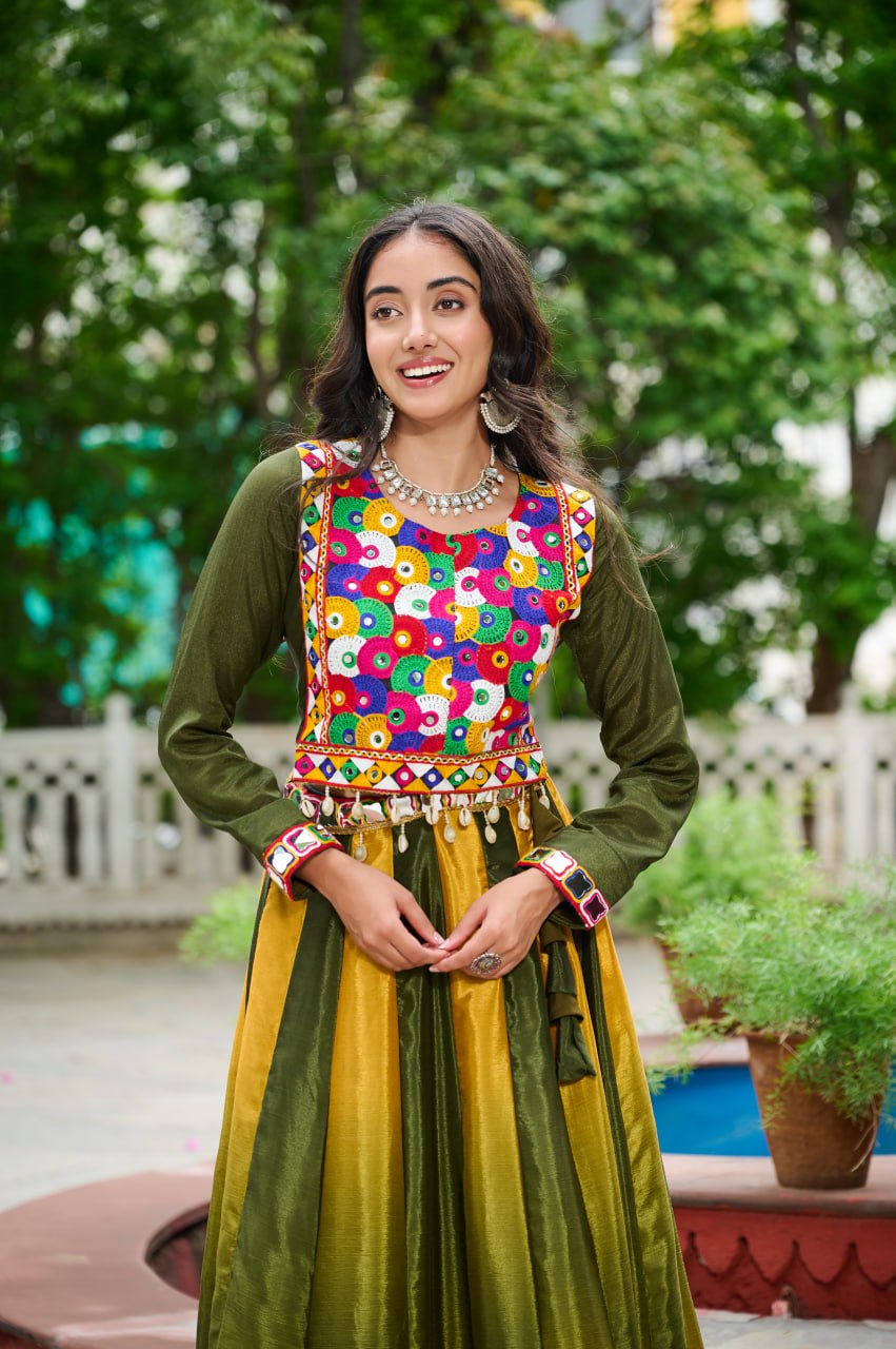 Mehendi Navratri Special Chinnon Pedding Lehenga Choli with Kutchi Gamthi Embroidery