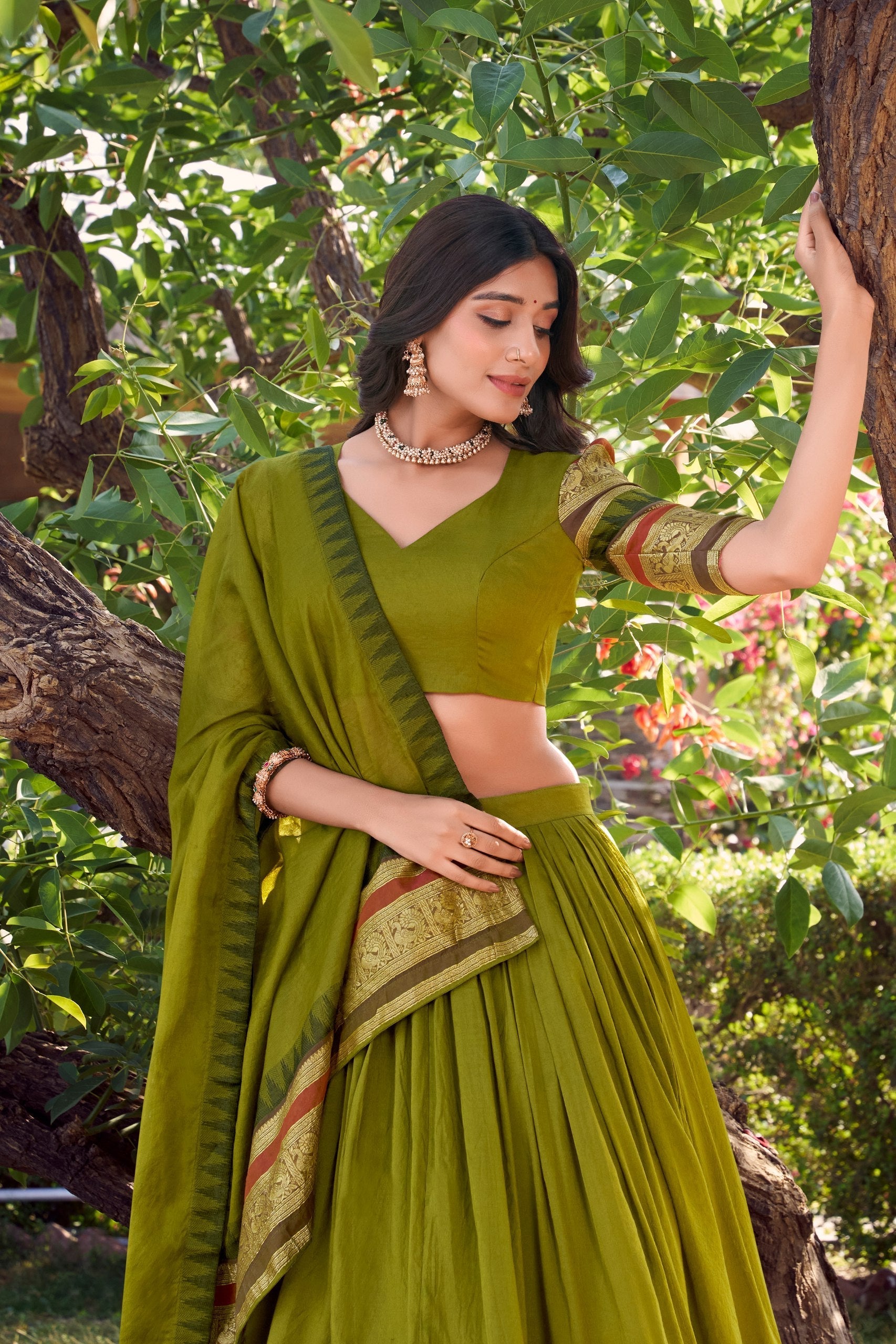 Mehendi Pure Chanderi Elegance Stitched Lehenga Set with Zari Weaving – 3-Piece Ensemble