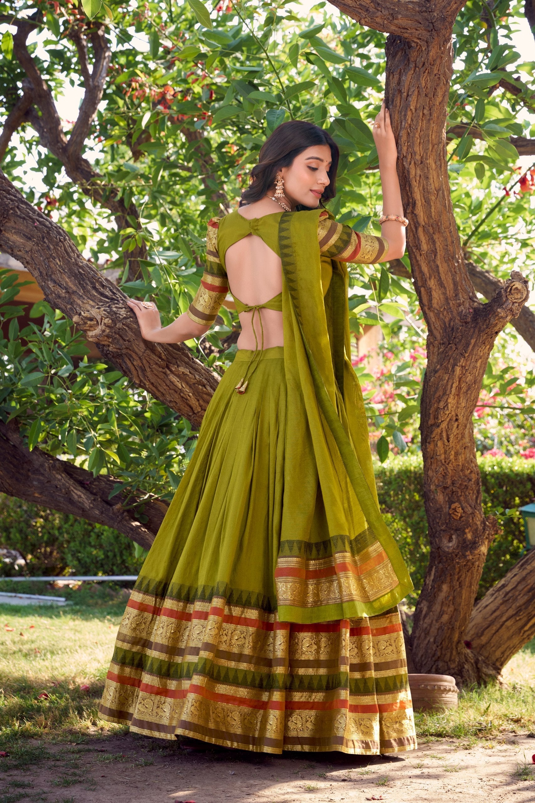 Mehendi Pure Chanderi Elegance Stitched Lehenga Set with Zari Weaving – 3-Piece Ensemble