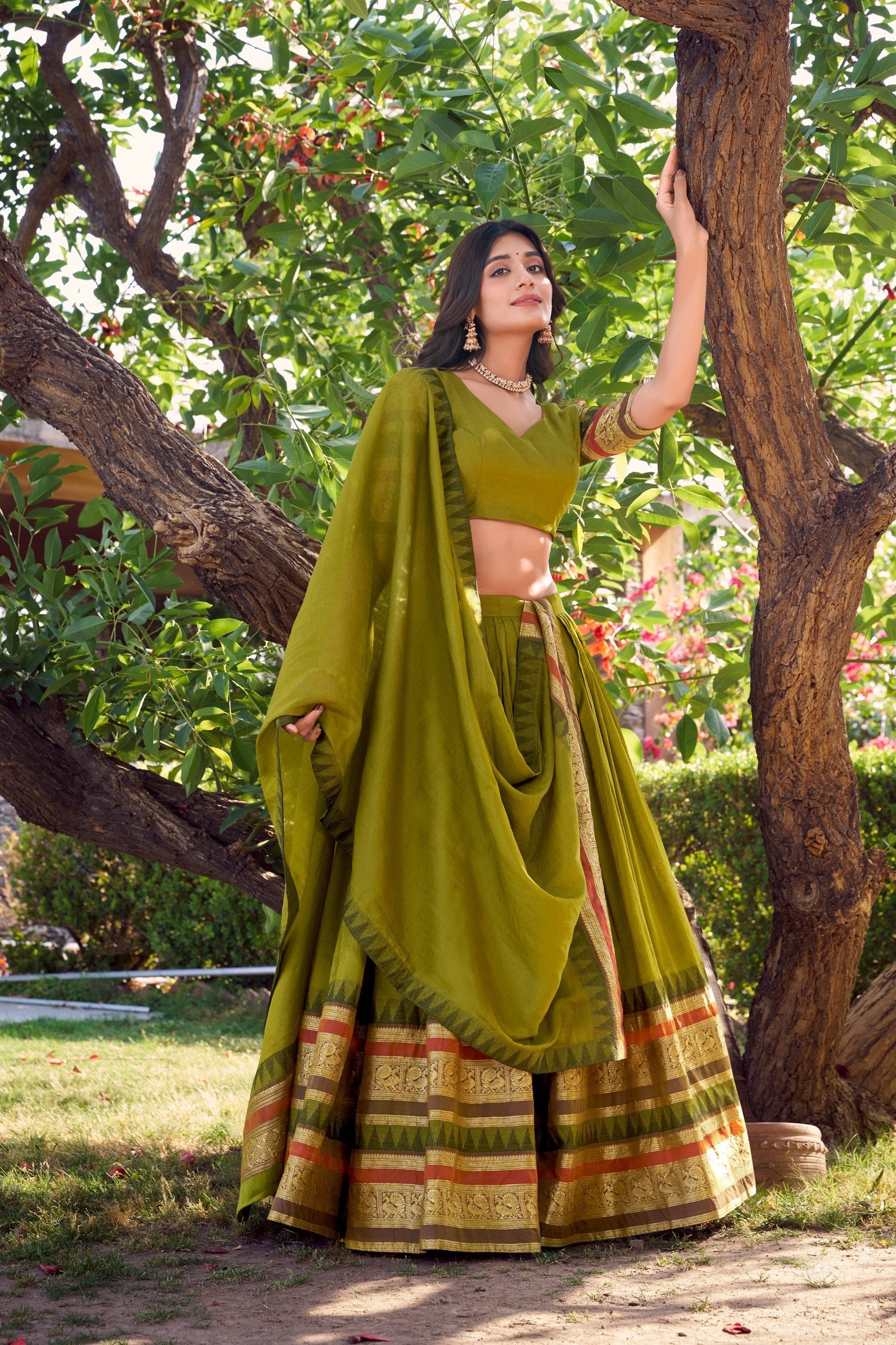 Mehendi Pure Chanderi Elegance Stitched Lehenga Set with Zari Weaving – 3-Piece Ensemble