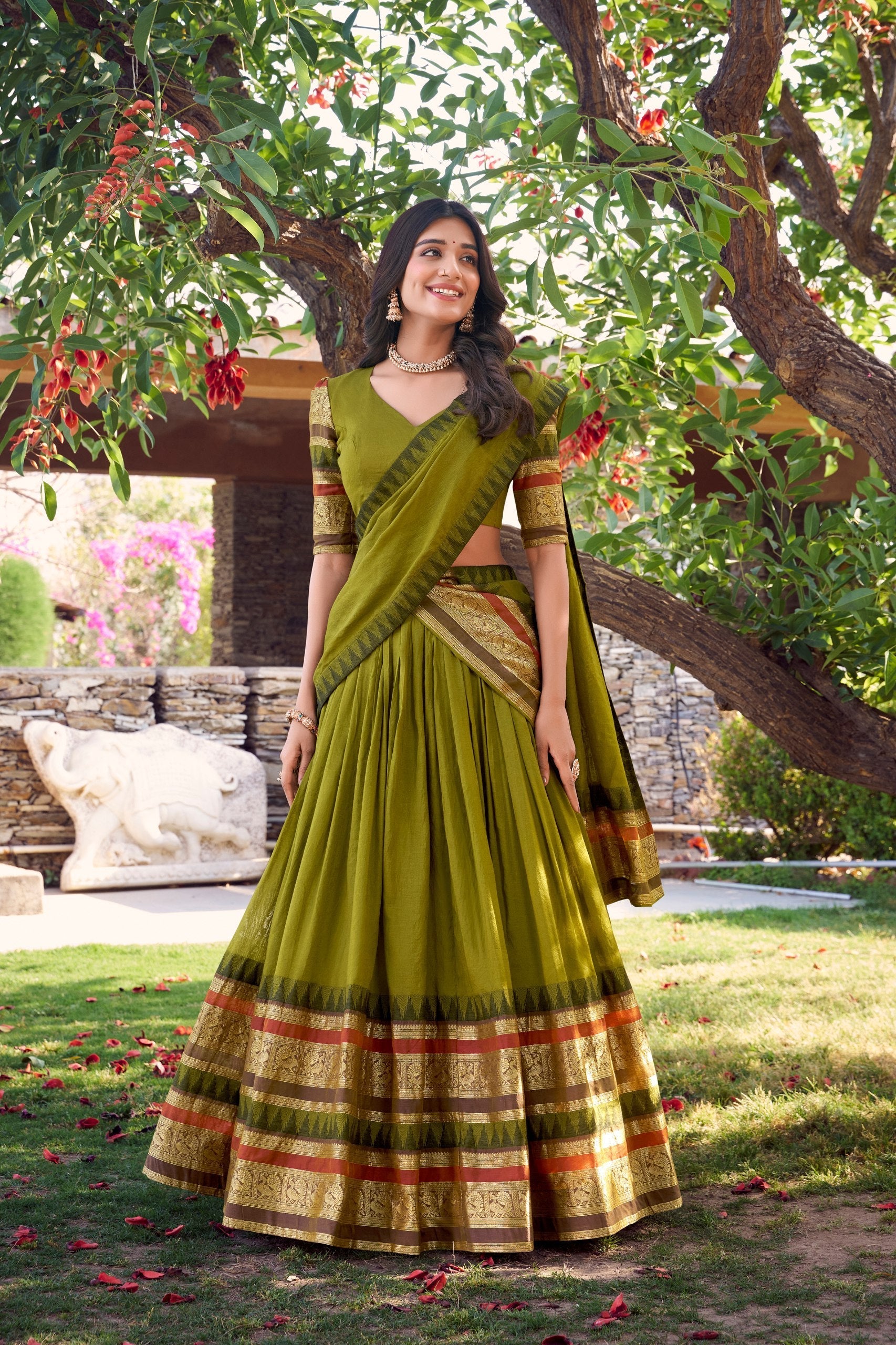 Mehendi Pure Chanderi Elegance Stitched Lehenga Set with Zari Weaving – 3-Piece Ensemble