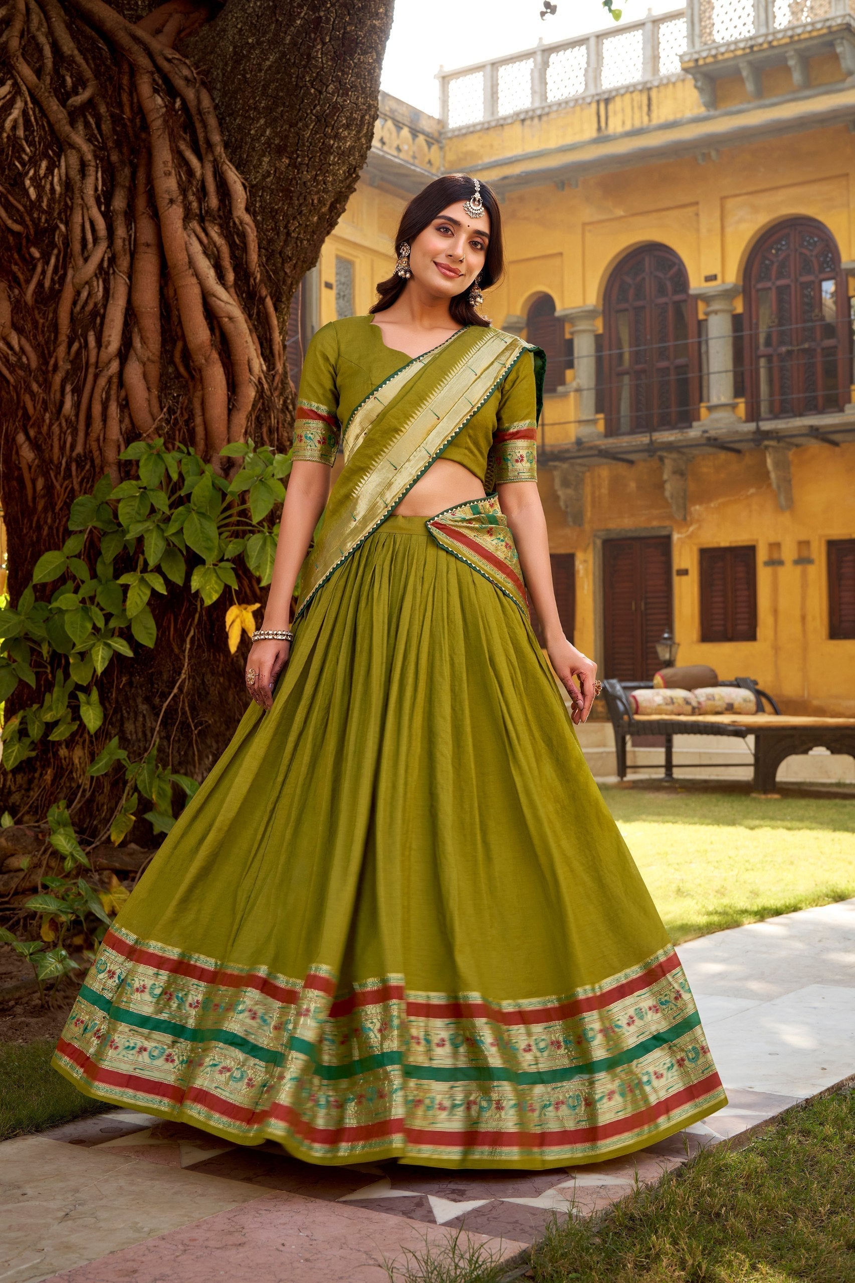 Mehendi Pure Chanderi Zari Weaving Lehenga Choli Set with Gotta Patti Detailing & Matching Dupatta – 4-Meter Flair Fully Stitched Ethnic Wear