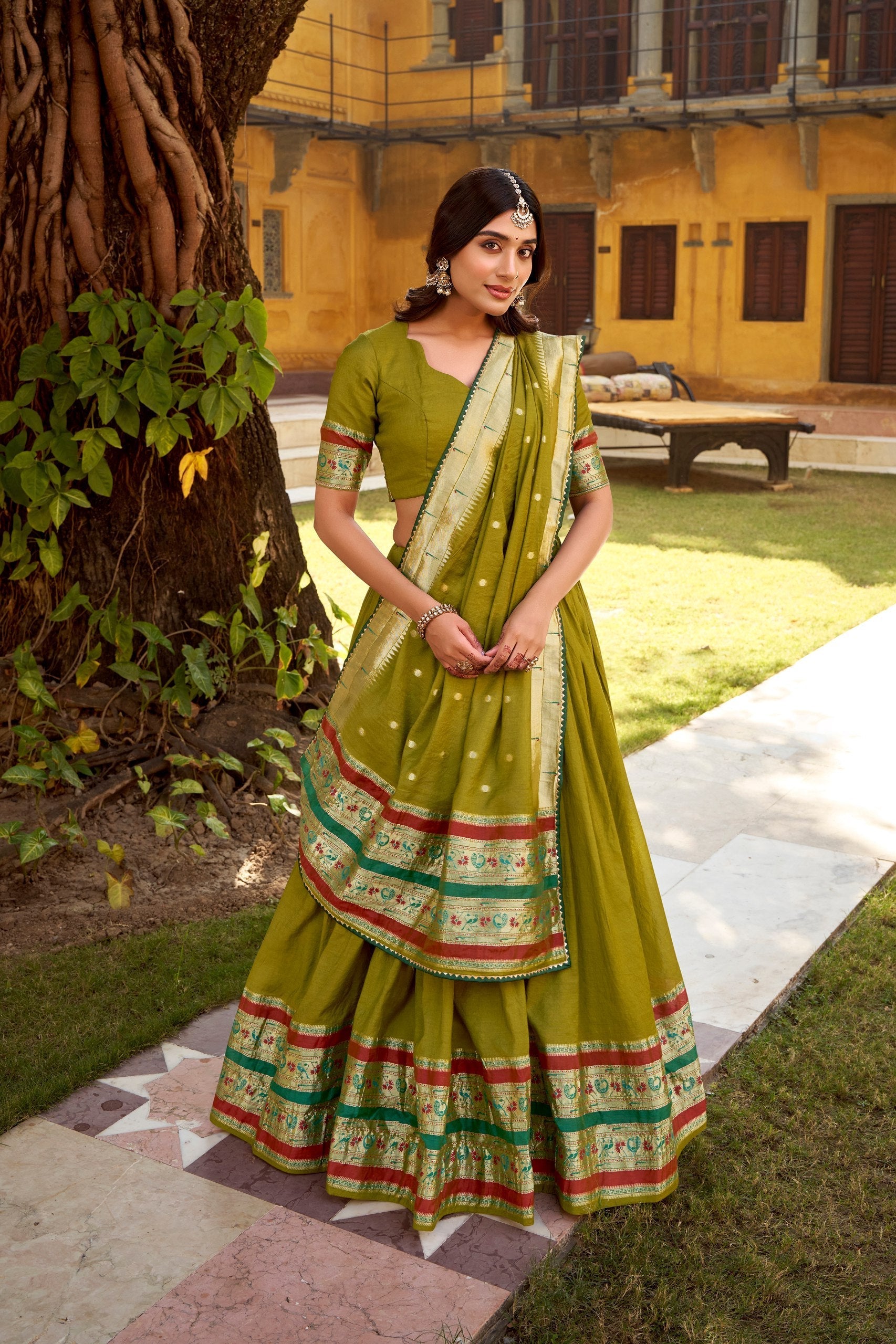 Mehendi Pure Chanderi Zari Weaving Lehenga Choli Set with Gotta Patti Detailing & Matching Dupatta – 4-Meter Flair Fully Stitched Ethnic Wear