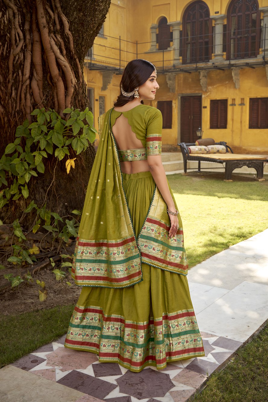Mehendi Pure Chanderi Zari Weaving Lehenga Choli Set with Gotta Patti Detailing & Matching Dupatta – 4-Meter Flair Fully Stitched Ethnic Wear