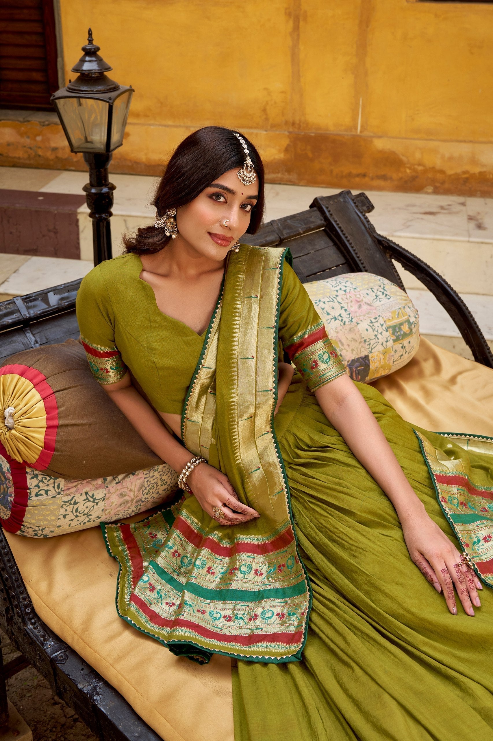 Mehendi Pure Chanderi Zari Weaving Lehenga Choli Set with Gotta Patti Detailing & Matching Dupatta – 4-Meter Flair Fully Stitched Ethnic Wear