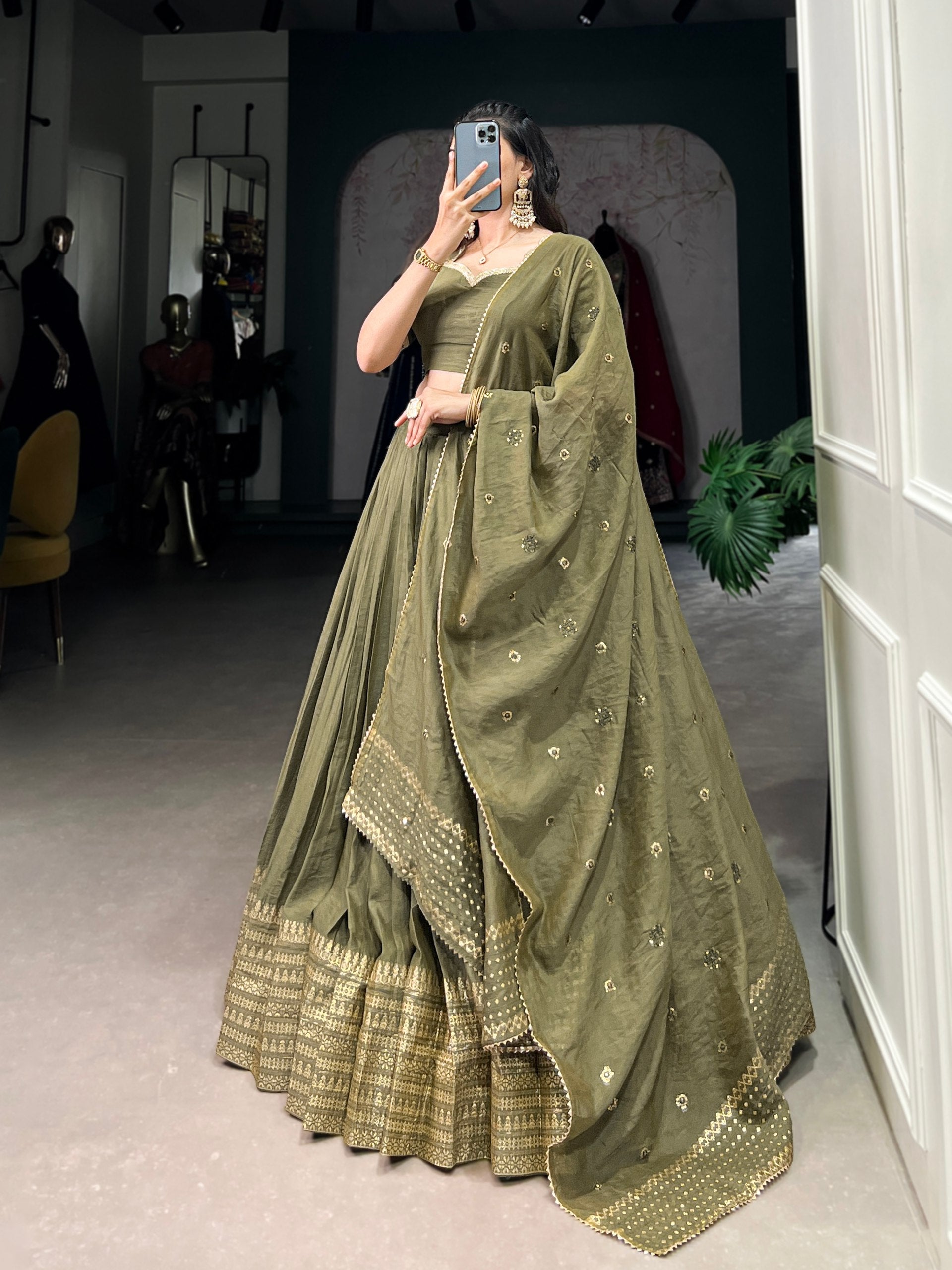 Mehendi Timeless Elegance – Pure Chanderi Lehenga Set with Zari Border & Sequin Embellished Dupatta