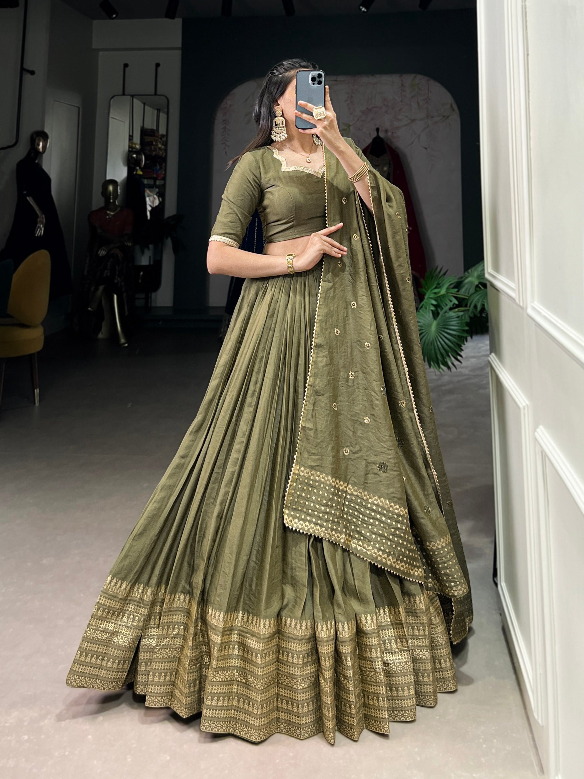 Mehendi Timeless Elegance – Pure Chanderi Lehenga Set with Zari Border & Sequin Embellished Dupatta
