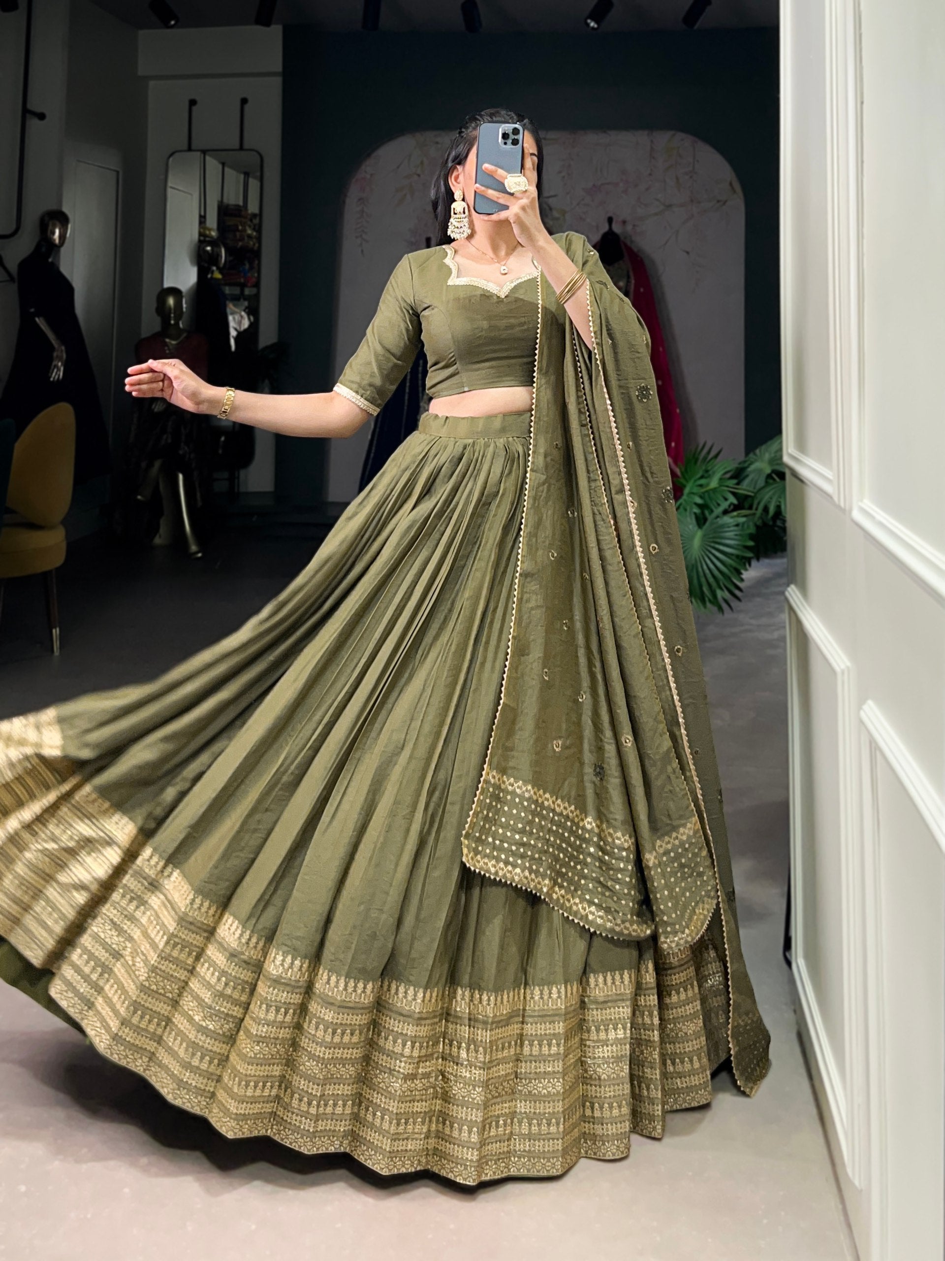 Mehendi Timeless Elegance – Pure Chanderi Lehenga Set with Zari Border & Sequin Embellished Dupatta