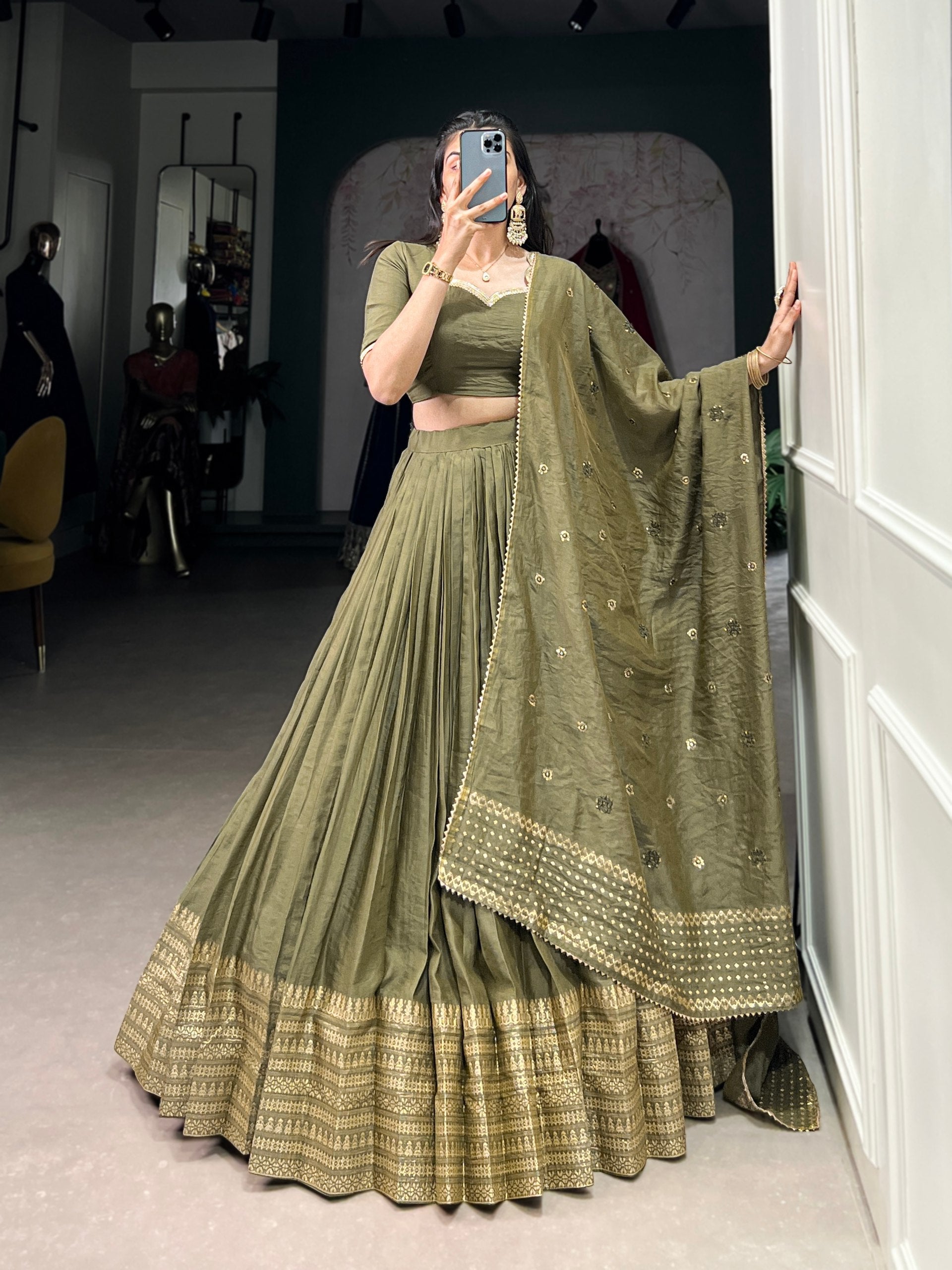 Mehendi Timeless Elegance – Pure Chanderi Lehenga Set with Zari Border & Sequin Embellished Dupatta