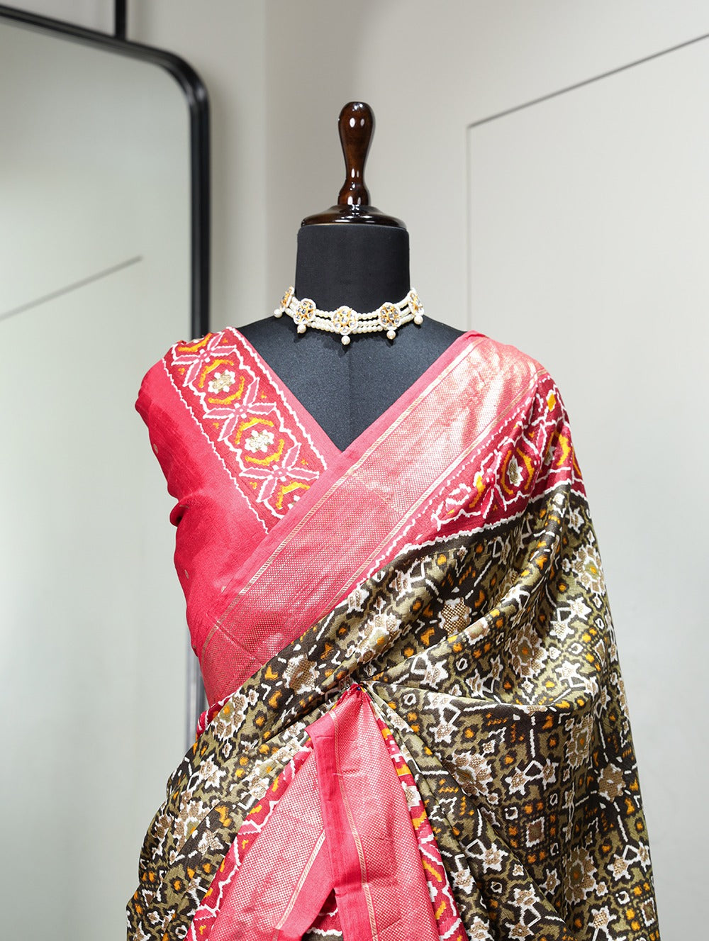 Mehndi Color Patola Printed Dola Silk Saree