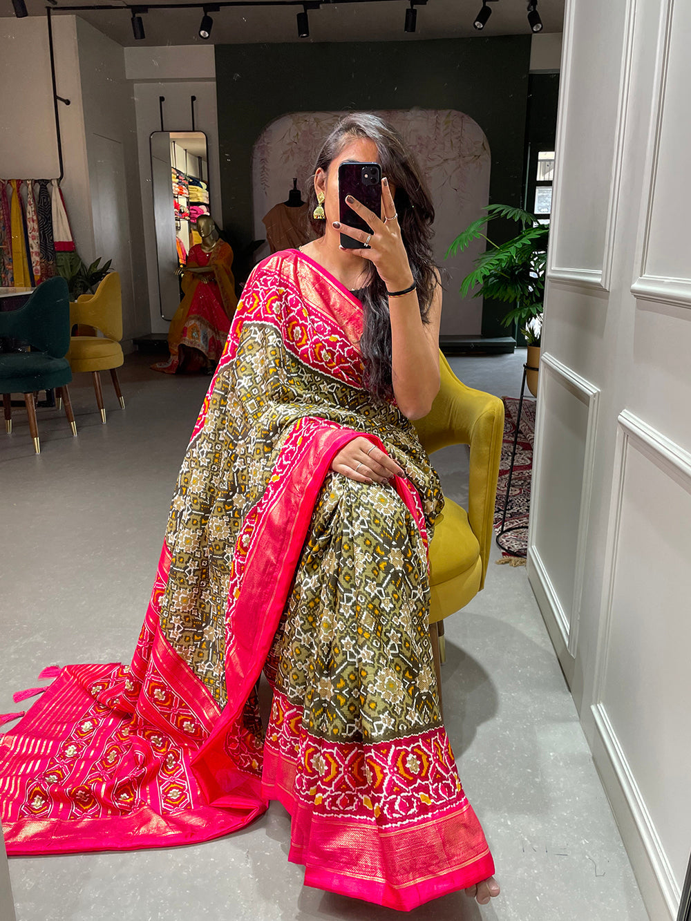 Mehndi Color Patola Printed Dola Silk Saree