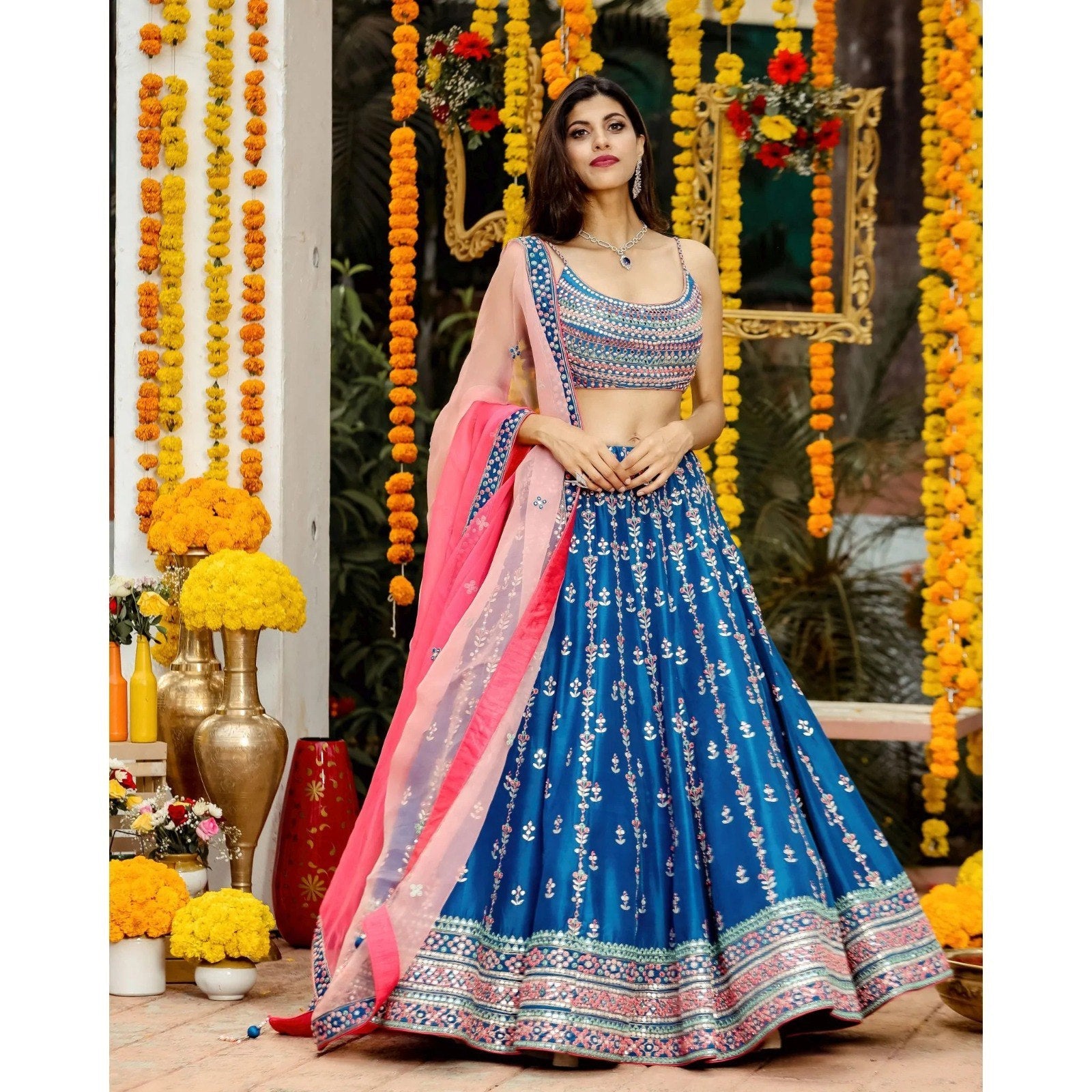 Mesmerizing Blue Lehenga Choli with Multicolor Thread & Sequin Embroidery