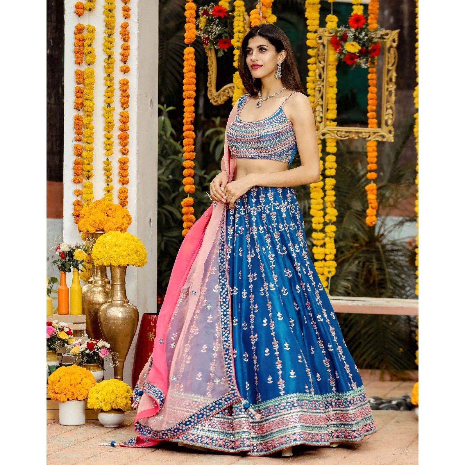 Mesmerizing Blue Lehenga Choli with Multicolor Thread & Sequin Embroidery