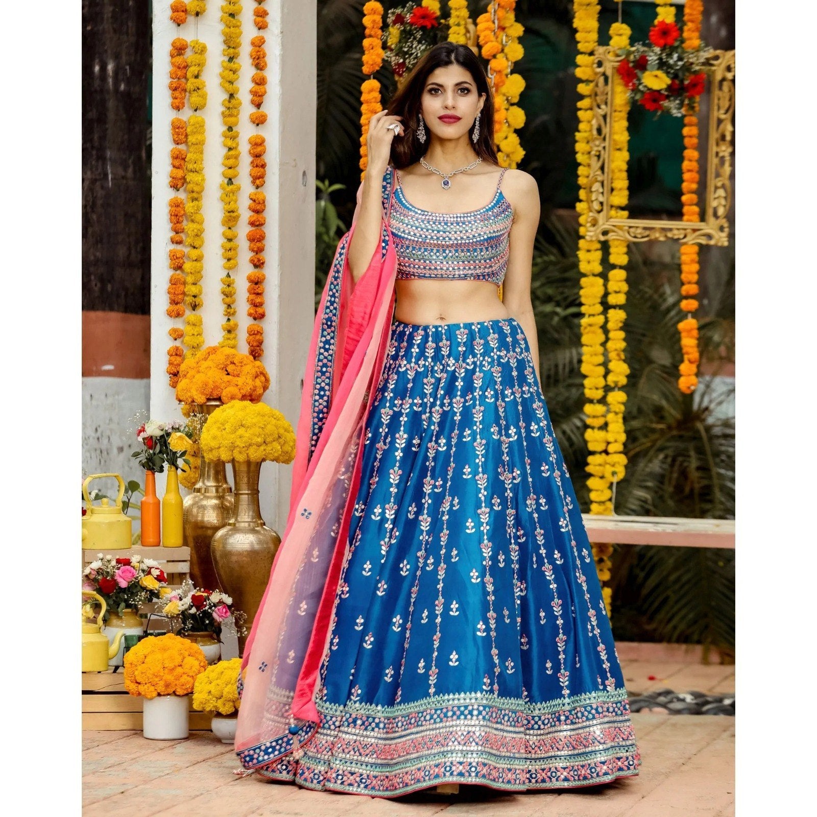 Mesmerizing Blue Lehenga Choli with Multicolor Thread & Sequin Embroidery