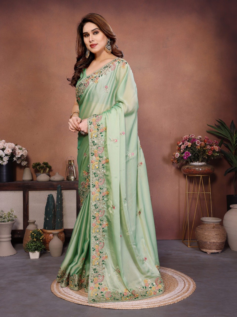 Mint Green Art Silk Saree with Sequins Work