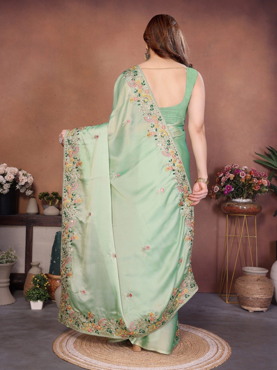 Mint Green Art Silk Saree with Sequins Work