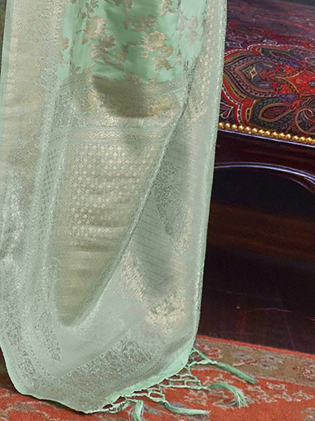 Mint Green Banarasi Silk Blend Saree with Bidri Work & Zari Buta – Gold Accents & Tassel Detailing
