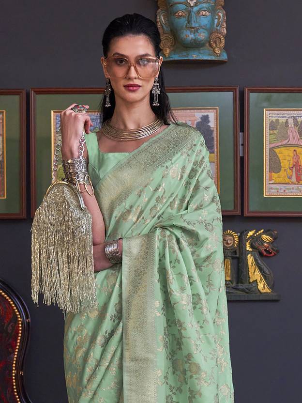 Mint Green Banarasi Silk Blend Saree with Bidri Work & Zari Buta – Gold Accents & Tassel Detailing
